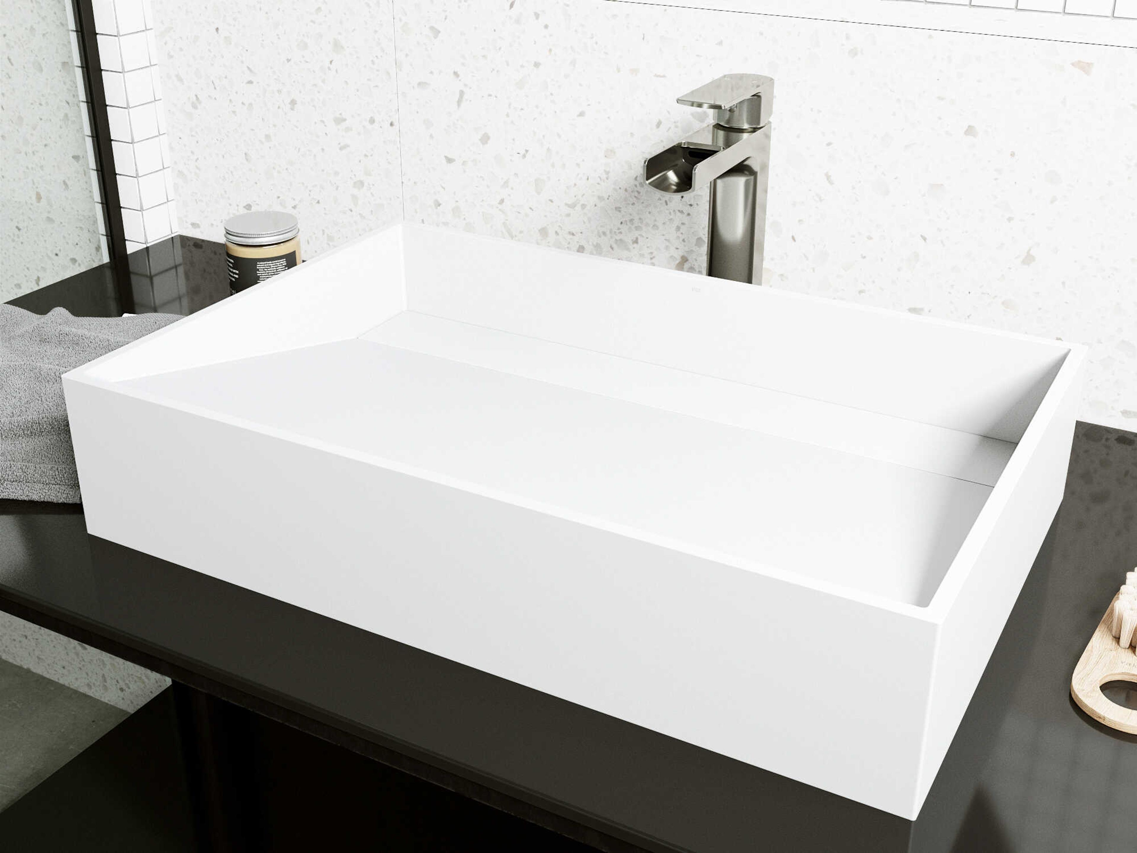 Vigo Starr Rectangular Vessel Bathroom Sink with Amada Faucet and Drain