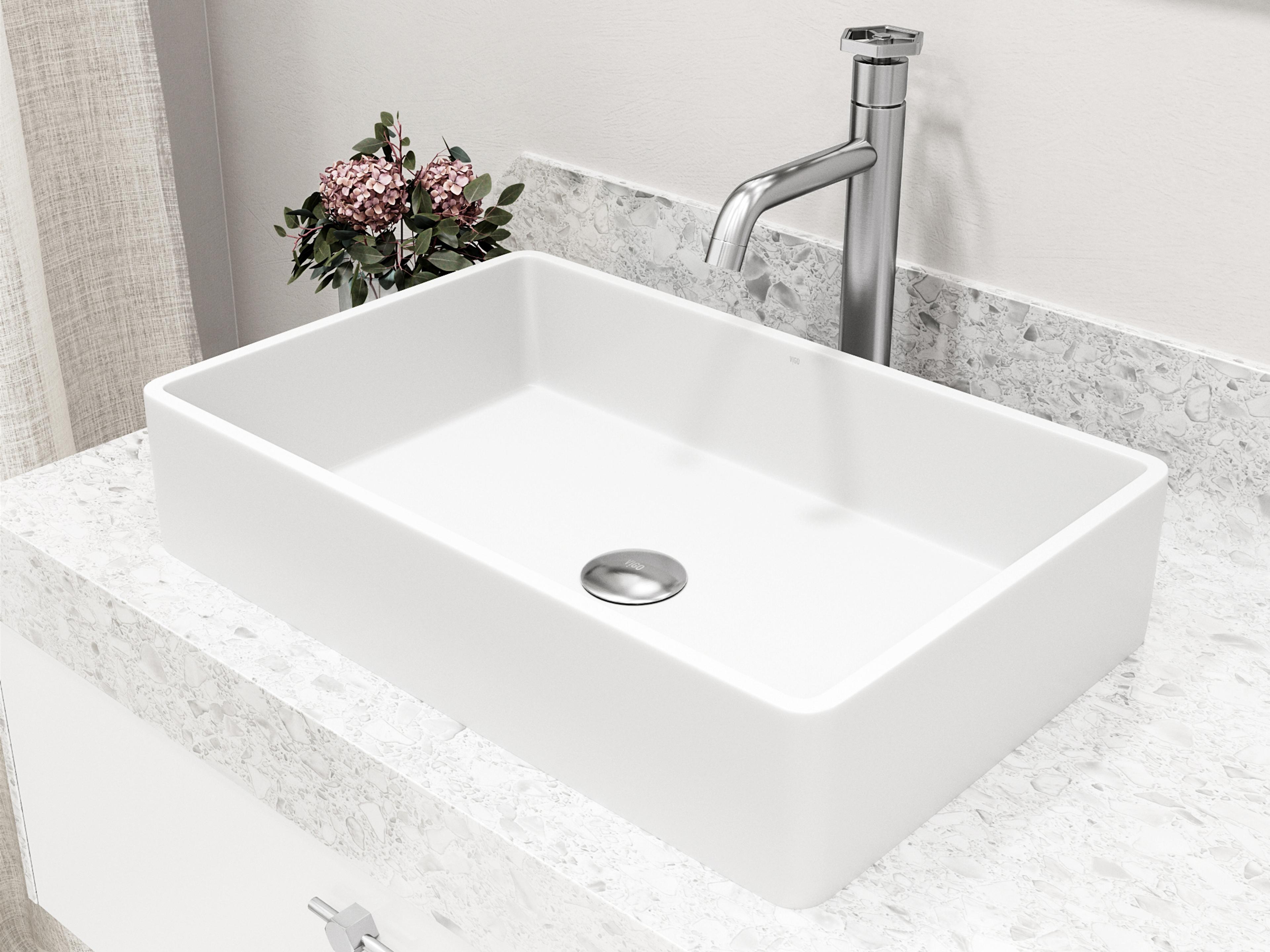 Vigo Magnolia White Stone Vessel Bathroom Sink - Pop-Up Drain in Brushed Nickel