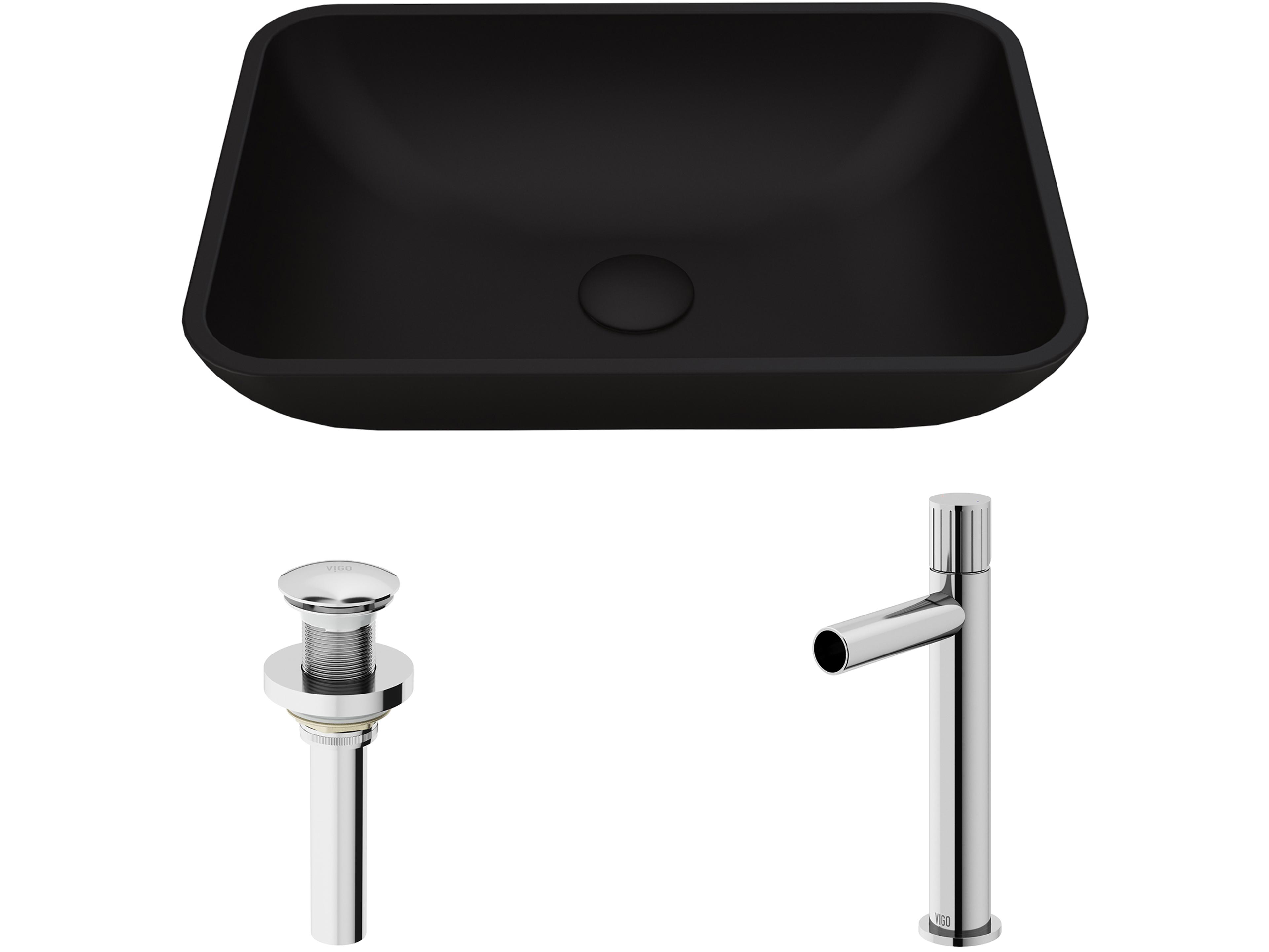 Sottile Black Glass Vessel Bathroom Sink - Pop-Up Drain in Chrome