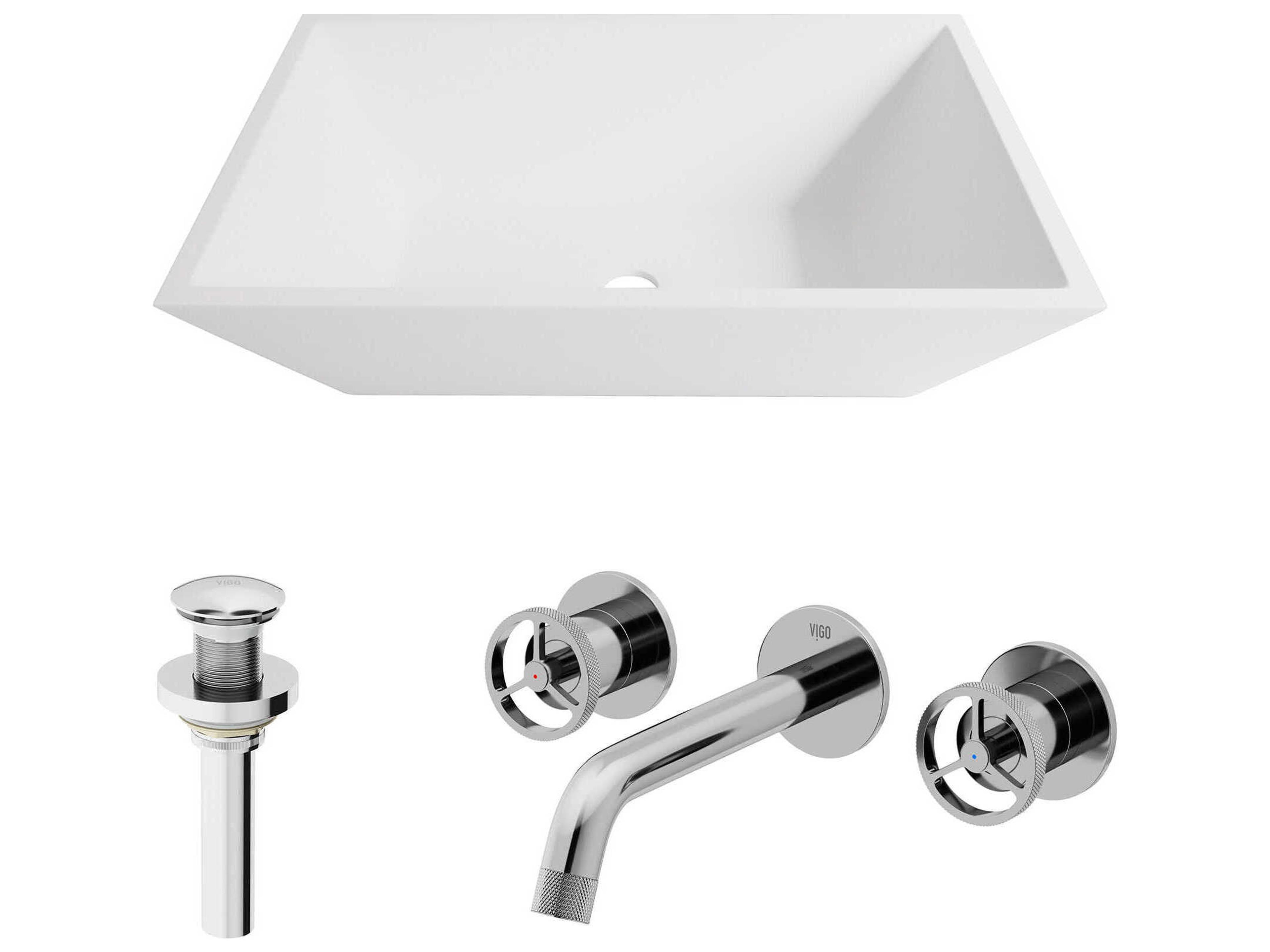 Vinca Rectangular Vessel Bathroom Sink with Wall-Mount Faucet and Pop-Up Drain