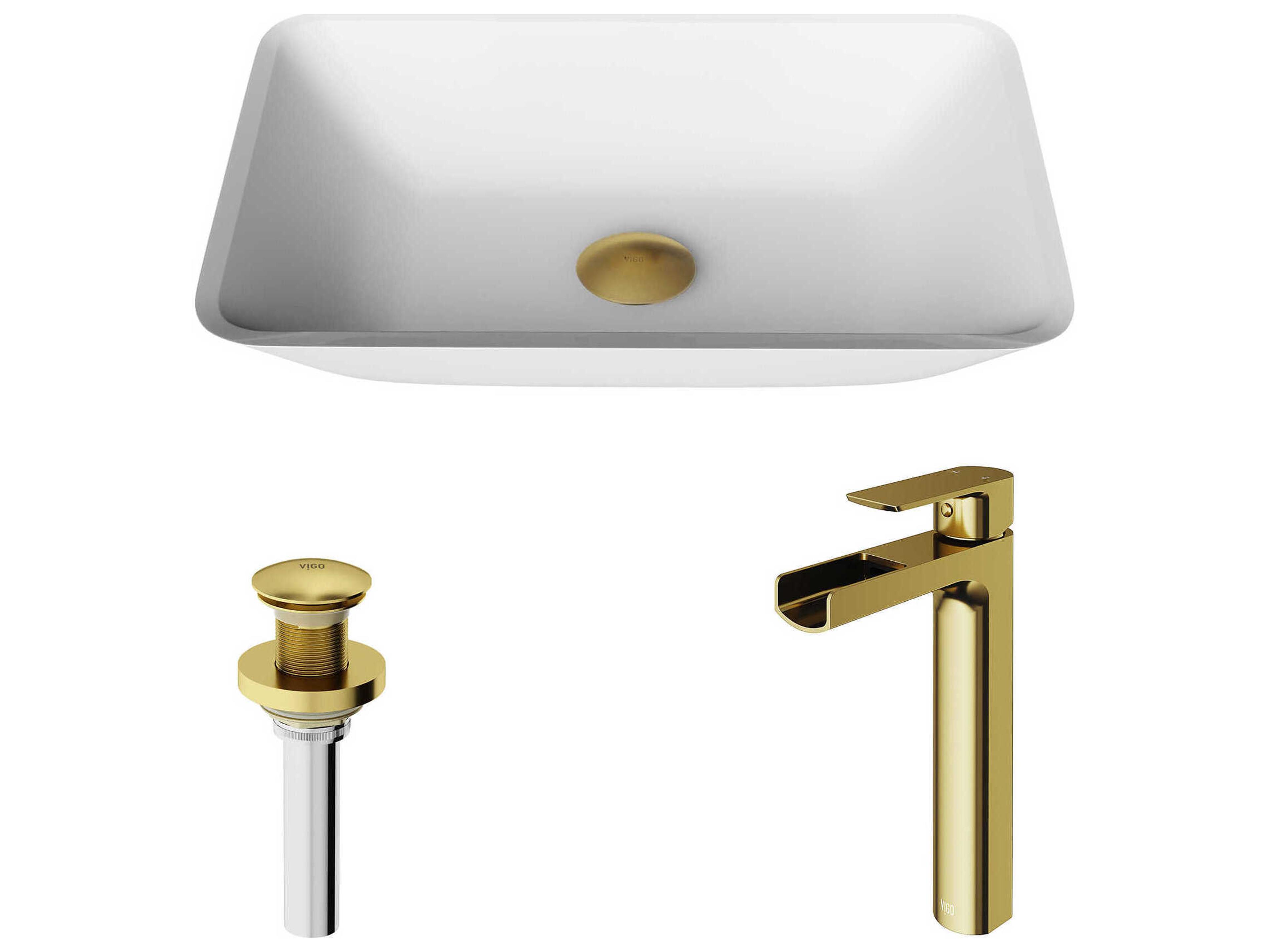 Sottlie Glass Rectangular Vessel Bathroom Sink with Amada Faucet and Pop-up Drain in Matte Gold