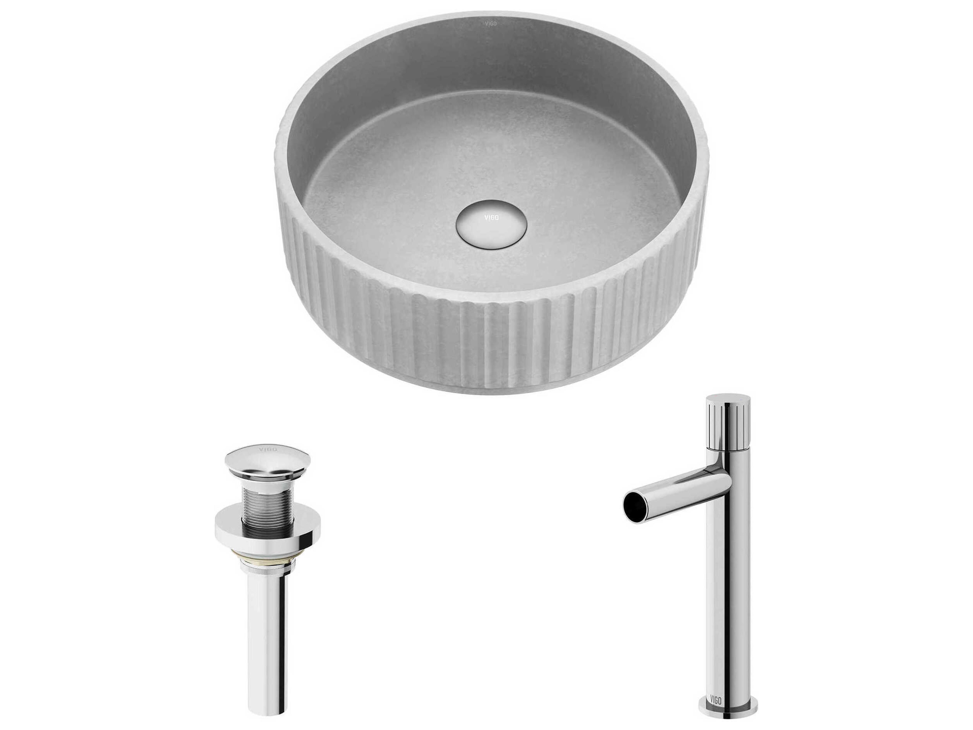 Vigo Windsor Round Fluted Bathroom Vessel Sink with Ashford Vessel Faucet and Pop-Up Drain