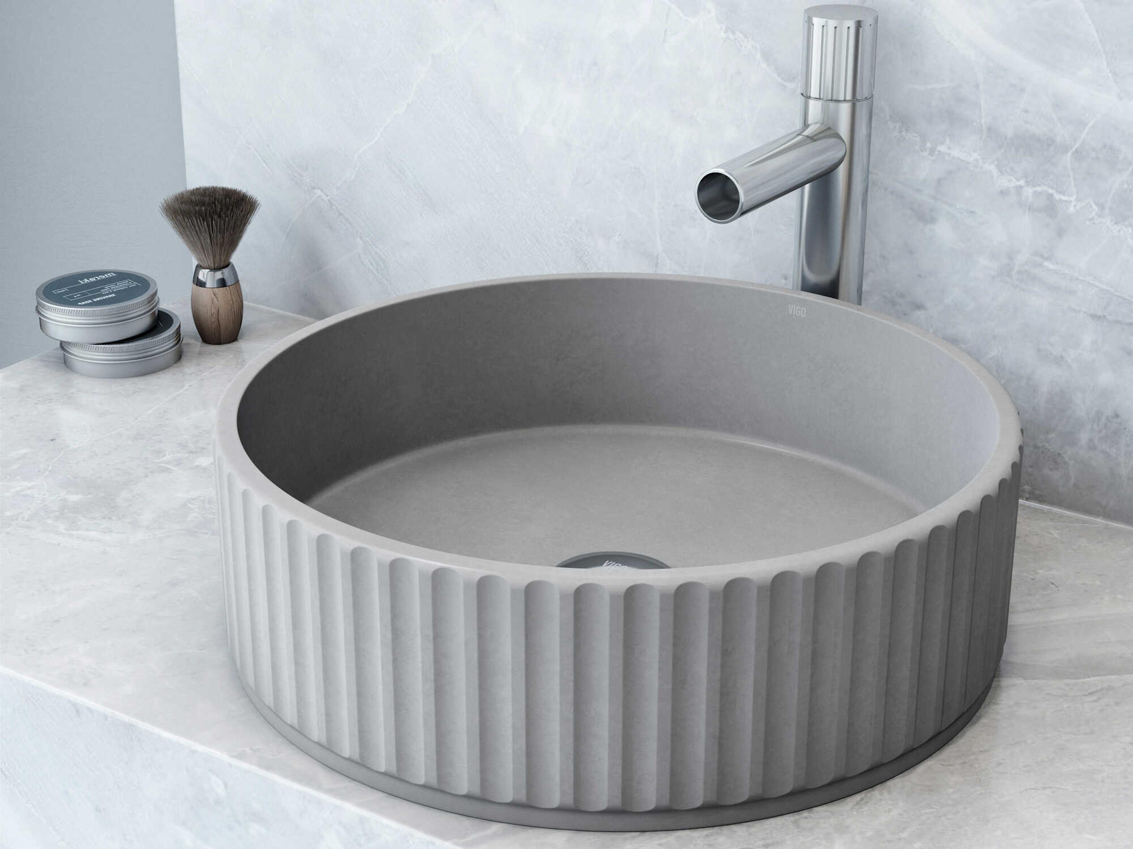 Vigo Windsor Round Fluted Bathroom Vessel Sink with Ashford Vessel Faucet and Pop-Up Drain