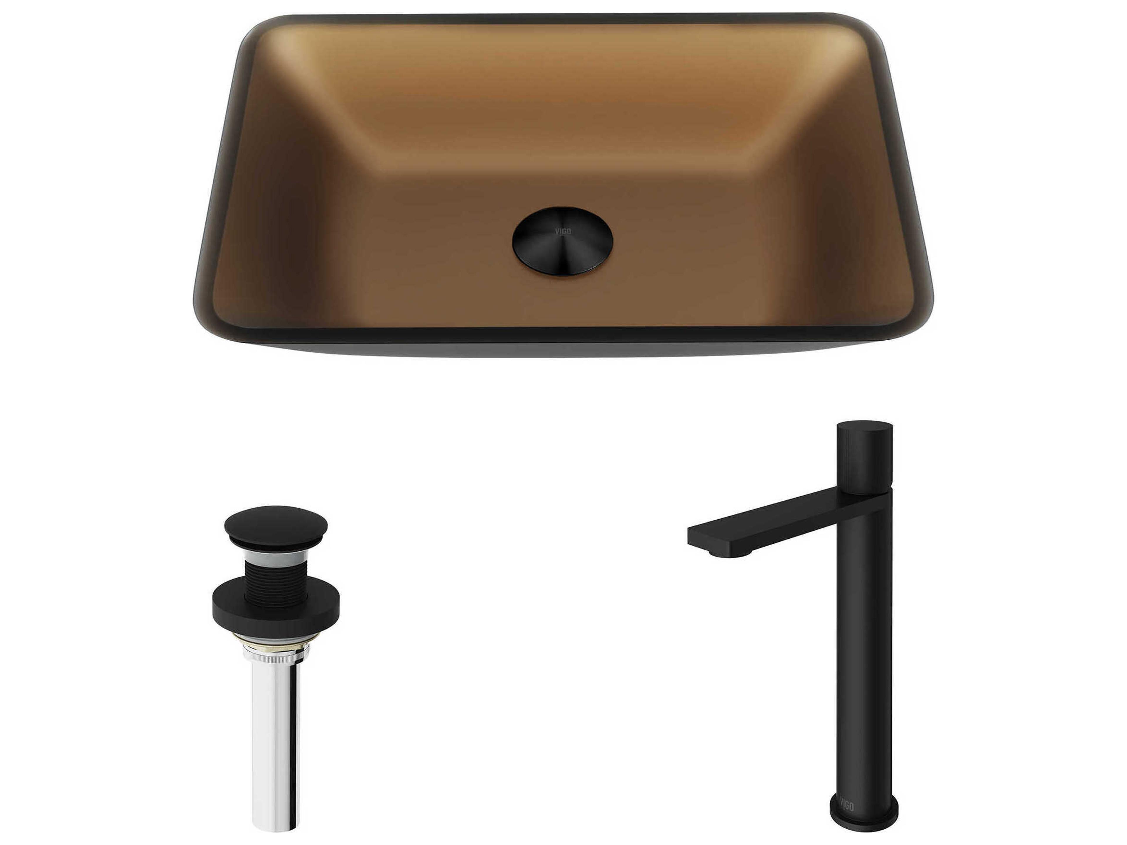 Vigo Sottile Rectangular Bathroom Vessel Sink with Gotham Faucet and Pop-Up Drain