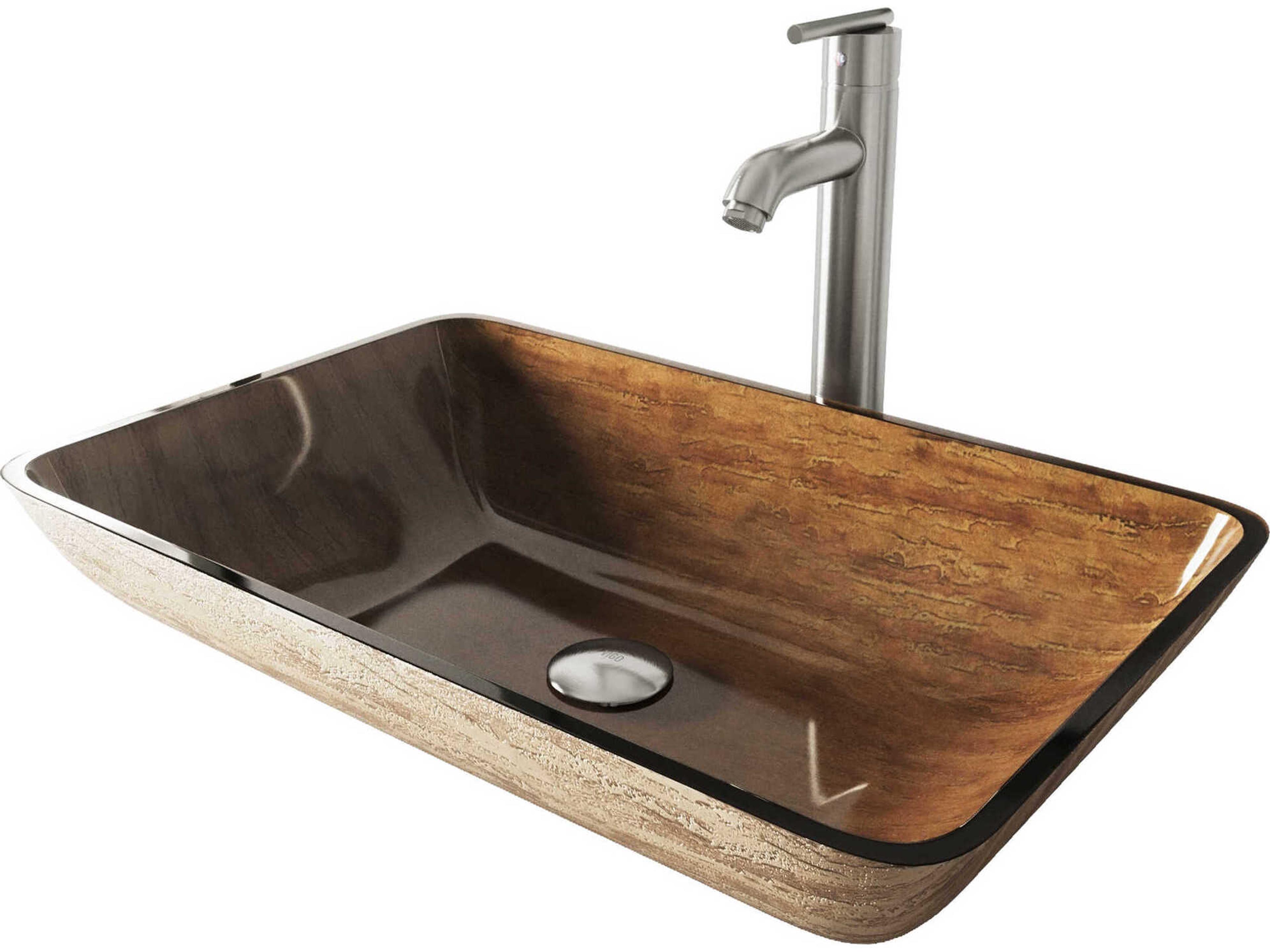 Amber Sunset Light Wood Brown 23" Rectangular Vessel Bathroom Sink with Brushed Nickel 1-Handle Seville Faucet and Drain