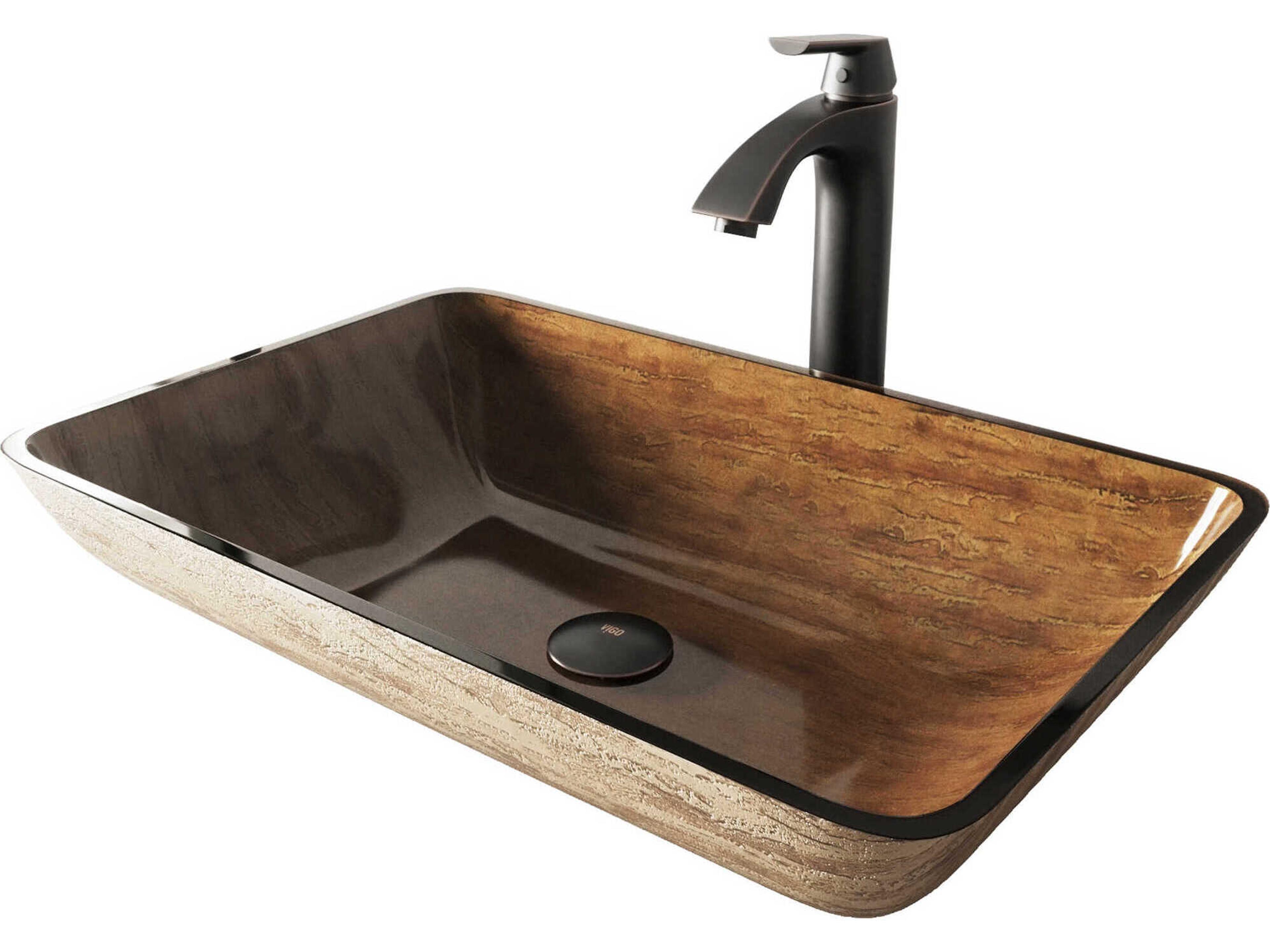 Amber Sunset Light Wood Brown 23" Rectangular Vessel Bathroom Sink with Antique Rubbed Bronze 1-Lever Linus Faucet and Drain