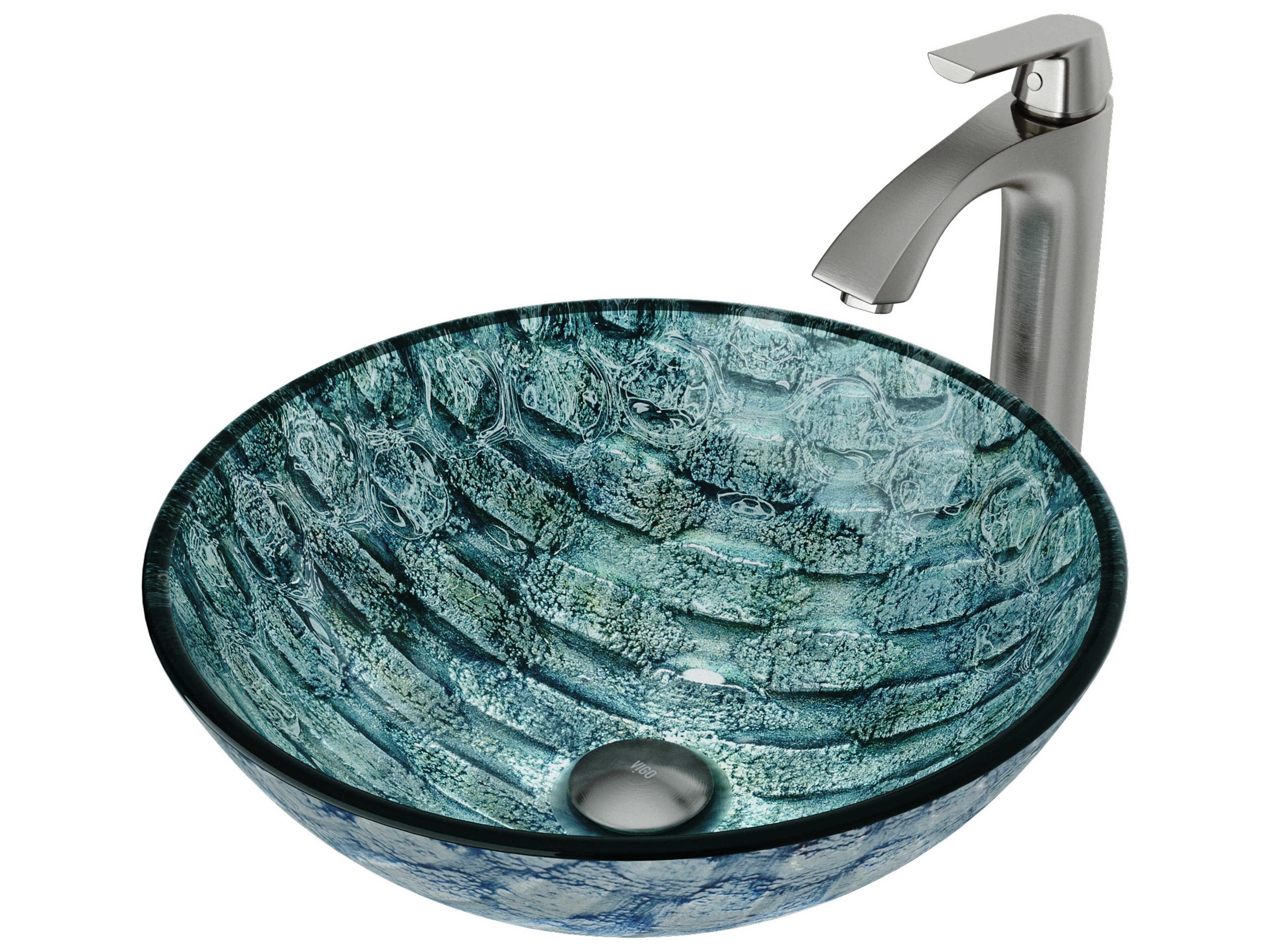 Oceania Patterened Teal 17" Round Vessel Bathroom Sink with Brushed Nickel 1-Lever Linus Faucet and Drain