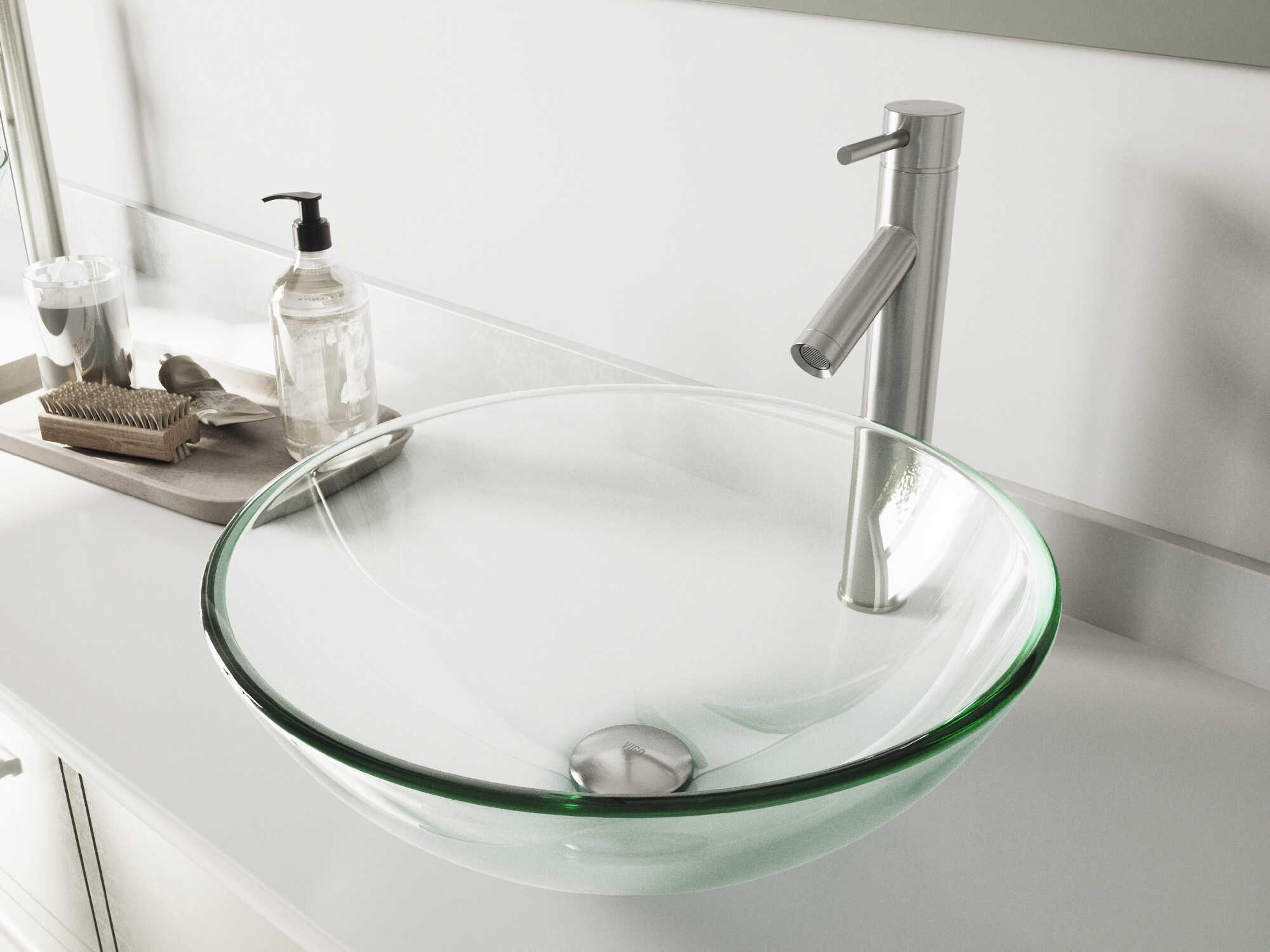 Vigo Crystalline Iridescent 17" Round Vessel Bathroom Sink with Brushed Nickel 1-Lever Dior Faucet and Drain