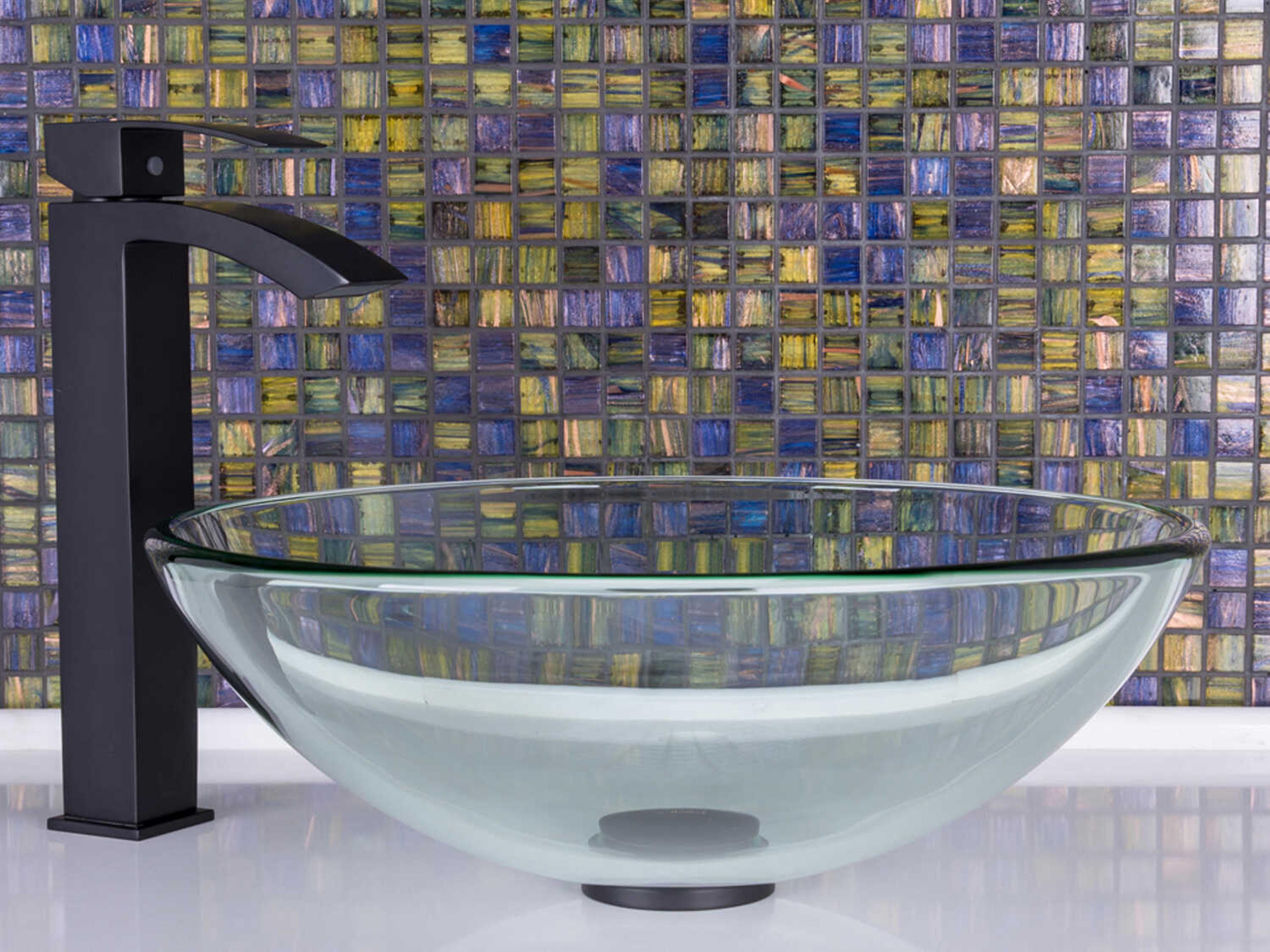 Vigo Crystalline Iridescent 17" Round Vessel Bathroom Sink with Matte Black 1-Lever Duris Faucet and Drain