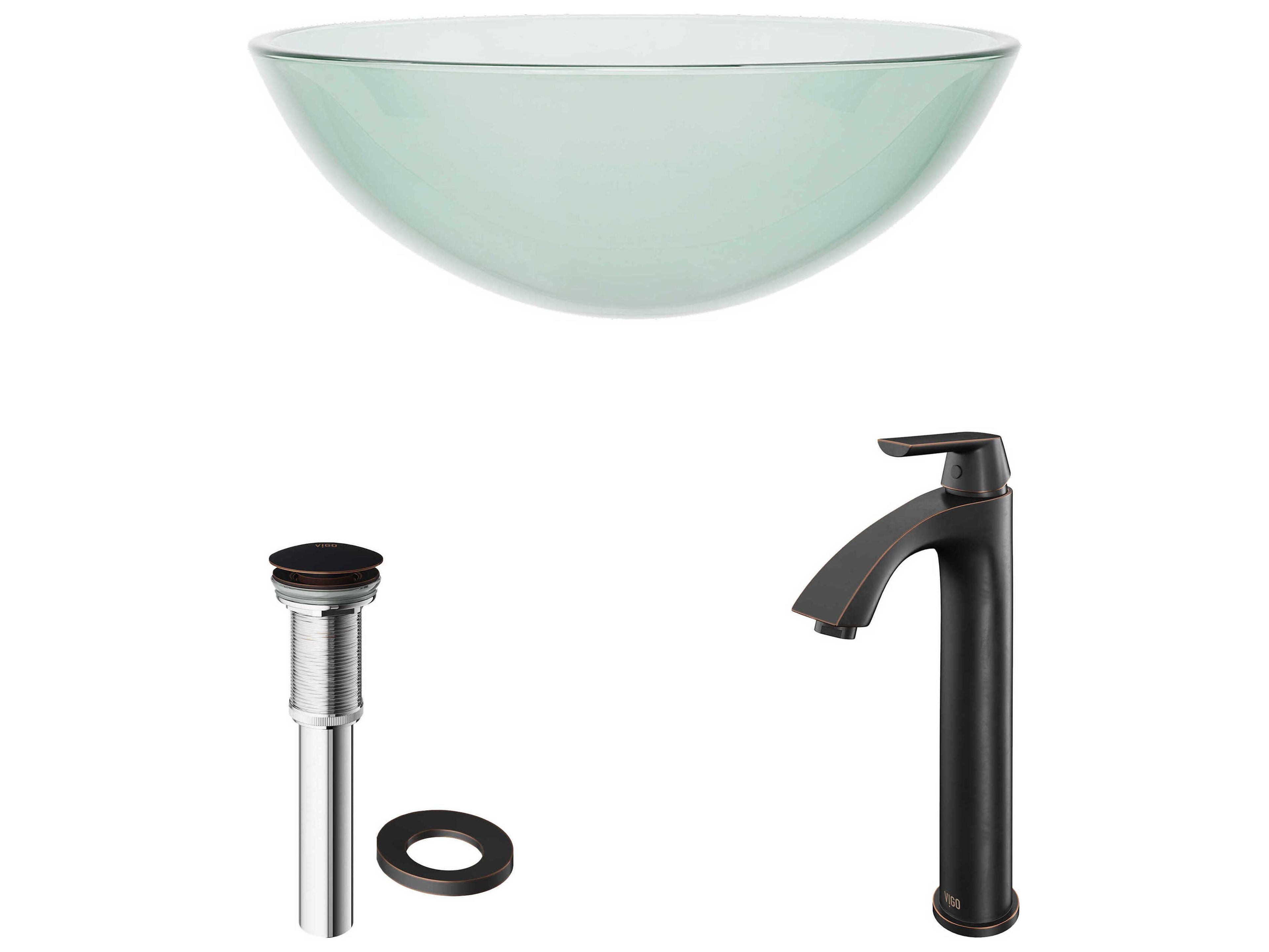 Vigo Crystalline Iridescent 17" Round Vessel Bathroom Sink with Antique Rubbed Bronze 1-Lever Linus Faucet and Drain