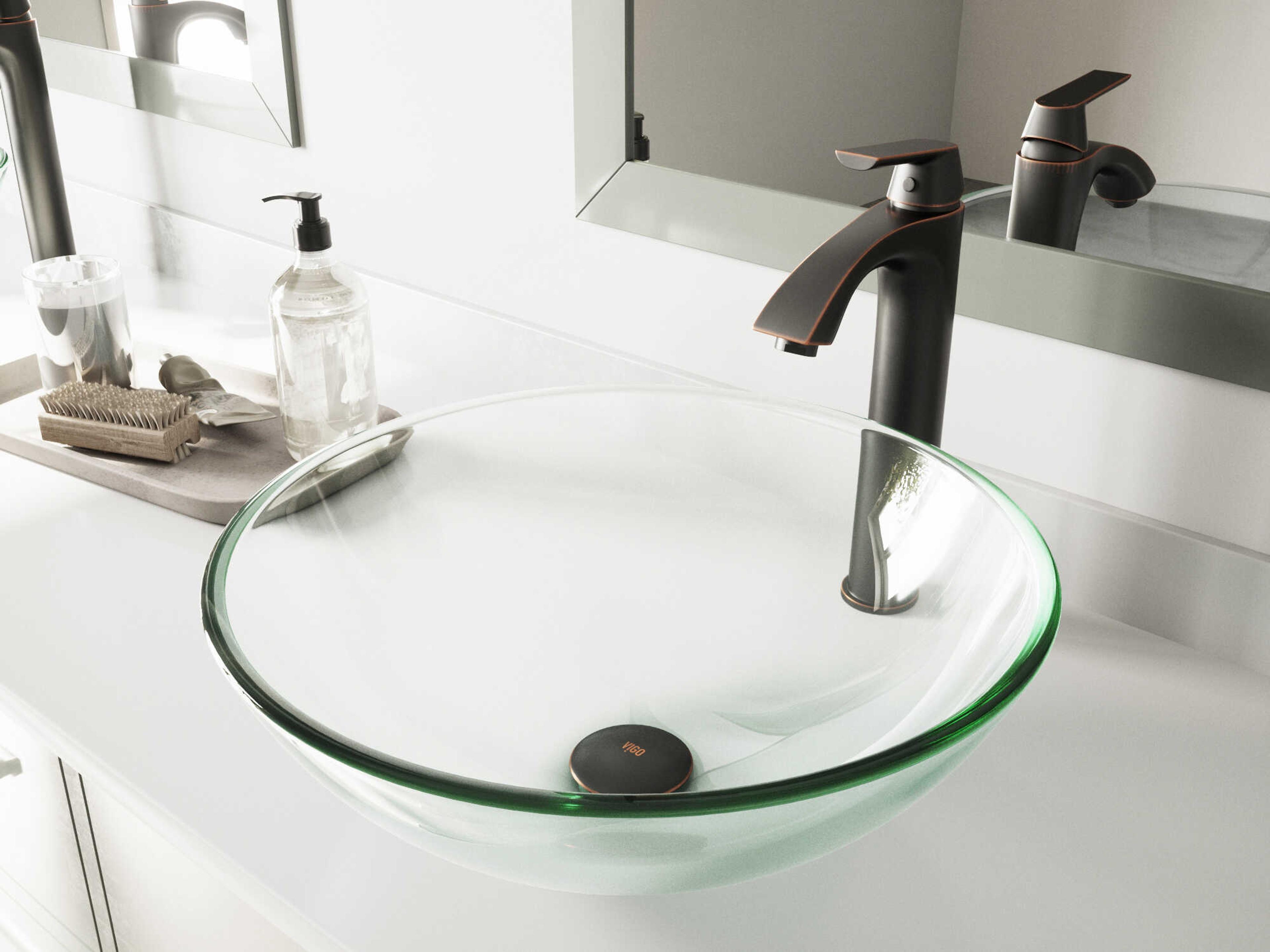 Vigo Crystalline Iridescent 17" Round Vessel Bathroom Sink with Antique Rubbed Bronze 1-Lever Linus Faucet and Drain