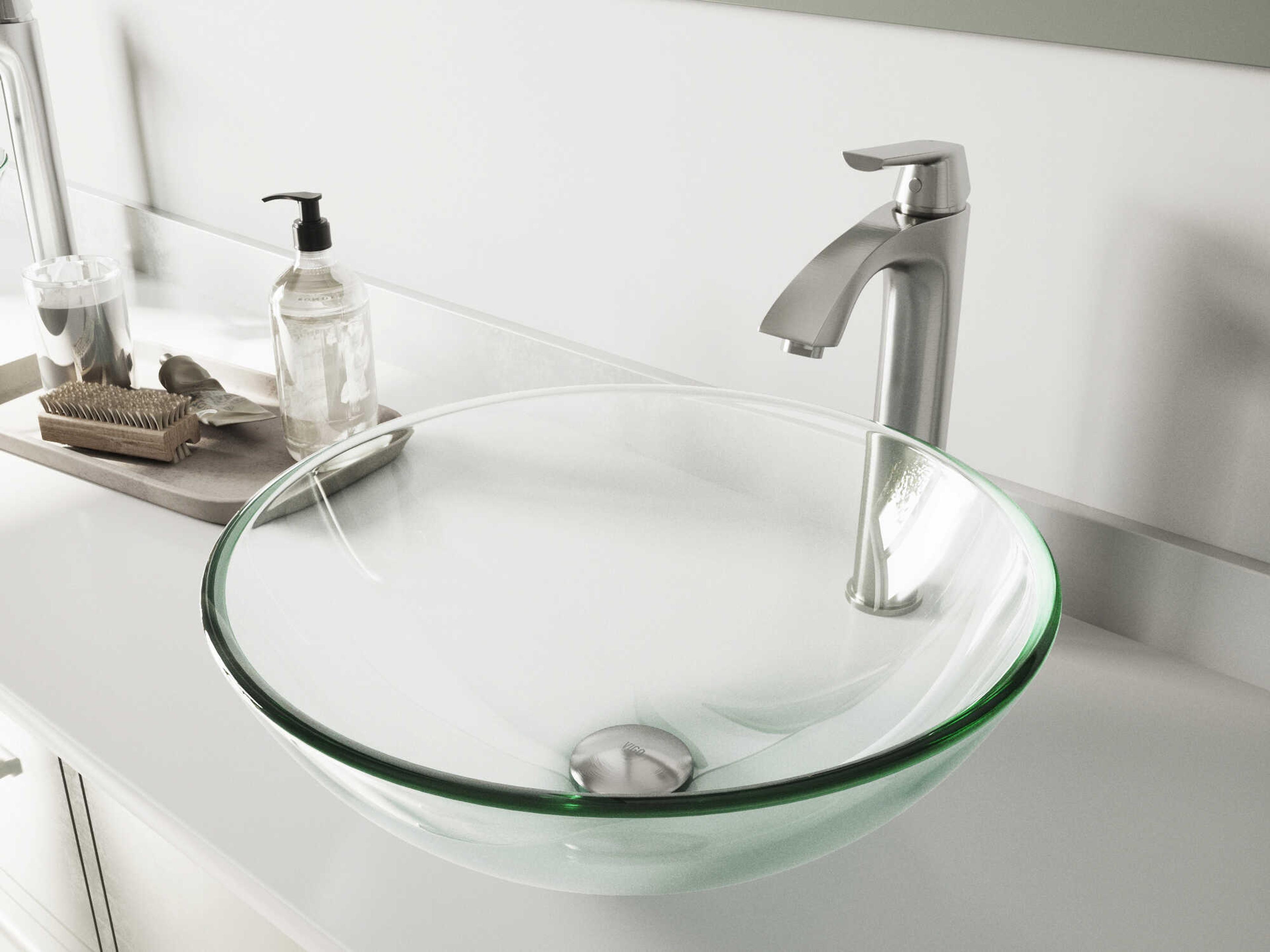Vigo Crystalline Iridescent 17" Round Vessel Bathroom Sink with Brushed Nickel 1-Lever Linus Faucet and Drain