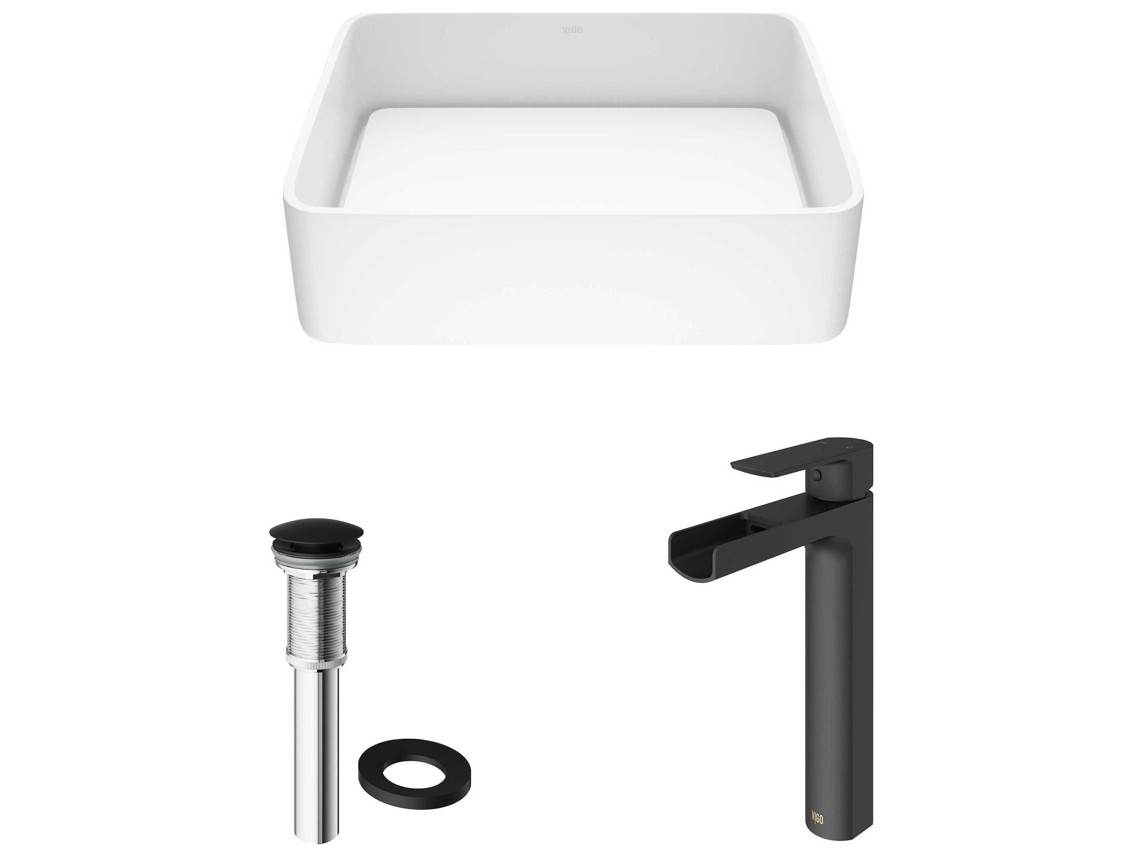 Vigo Jasmine Matte White 18" Rectangular Vessel Bathroom Sink with Matte Black 1-Handle Amada Faucet and Drain