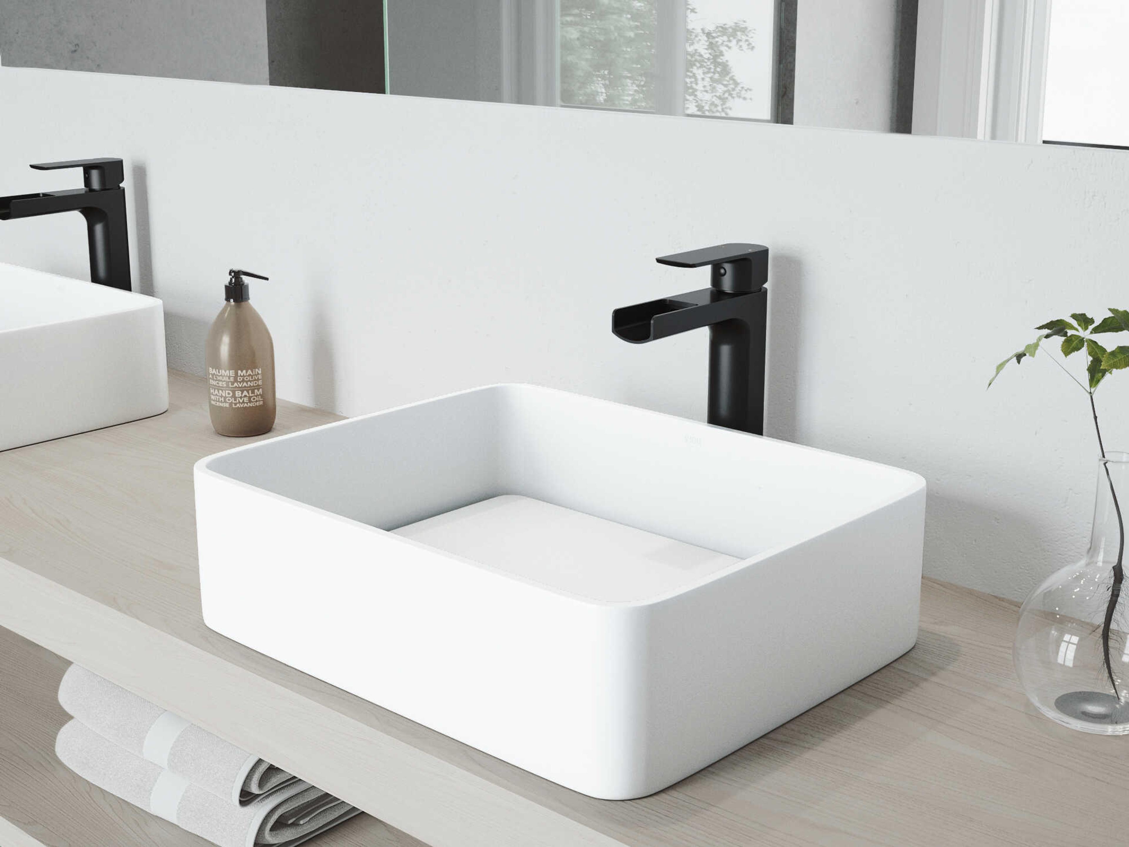 Vigo Jasmine Matte White 18" Rectangular Vessel Bathroom Sink with Matte Black 1-Handle Amada Faucet and Drain