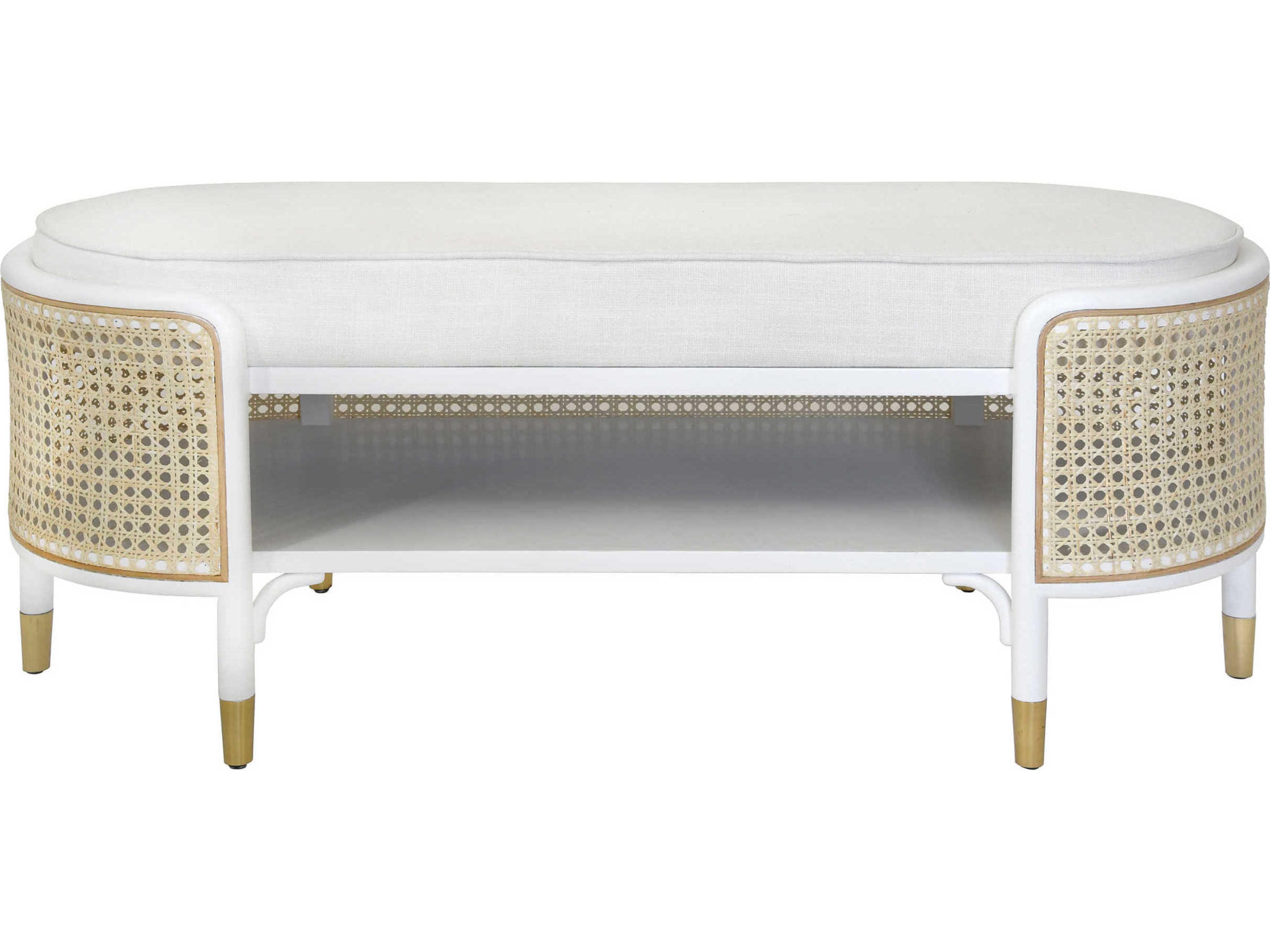 Worlds Away Matte White Lacquer Tan Upholstered Accent Bench