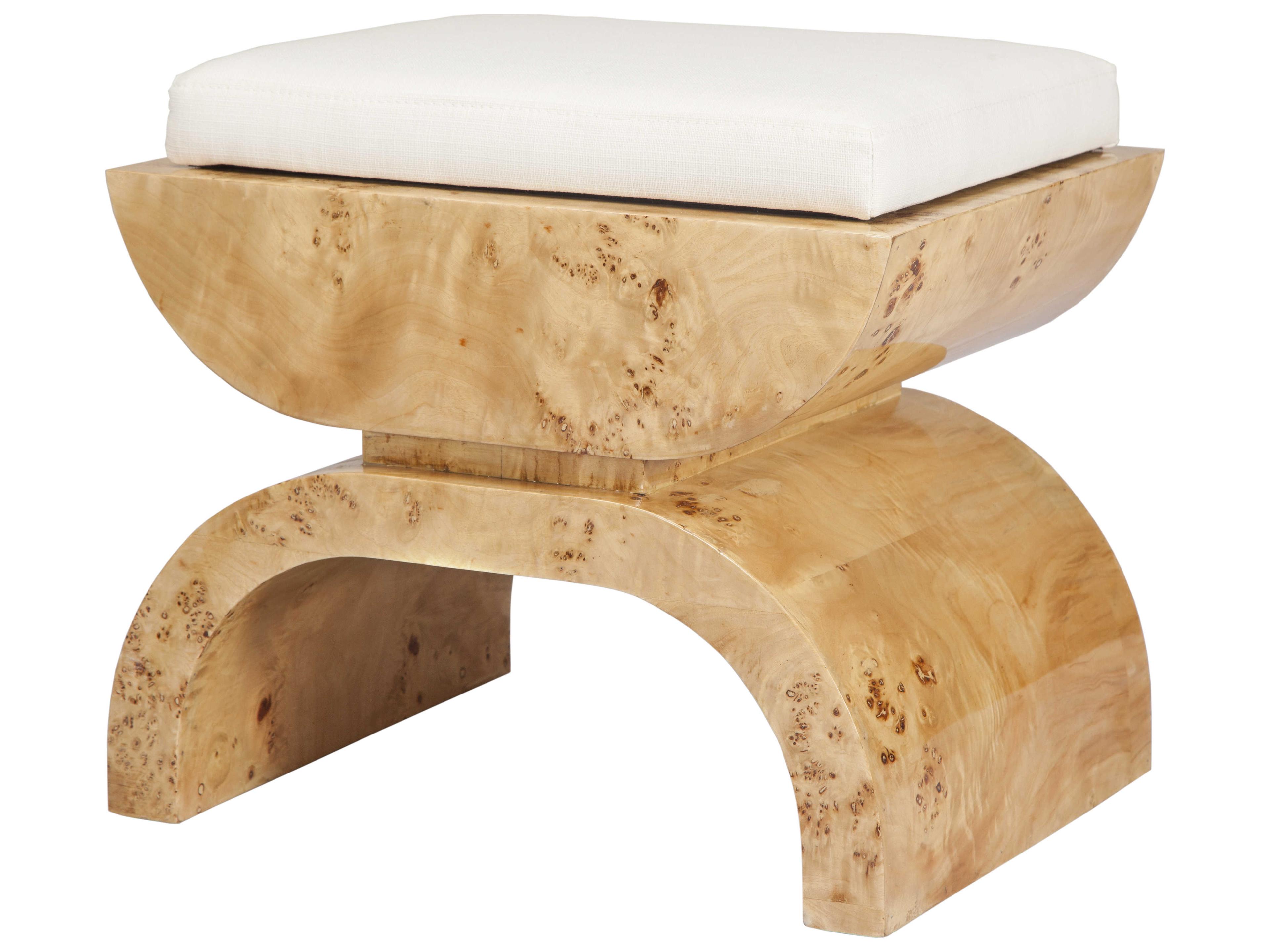 White Linen Burl Wood Brown Upholstered Accent Stool