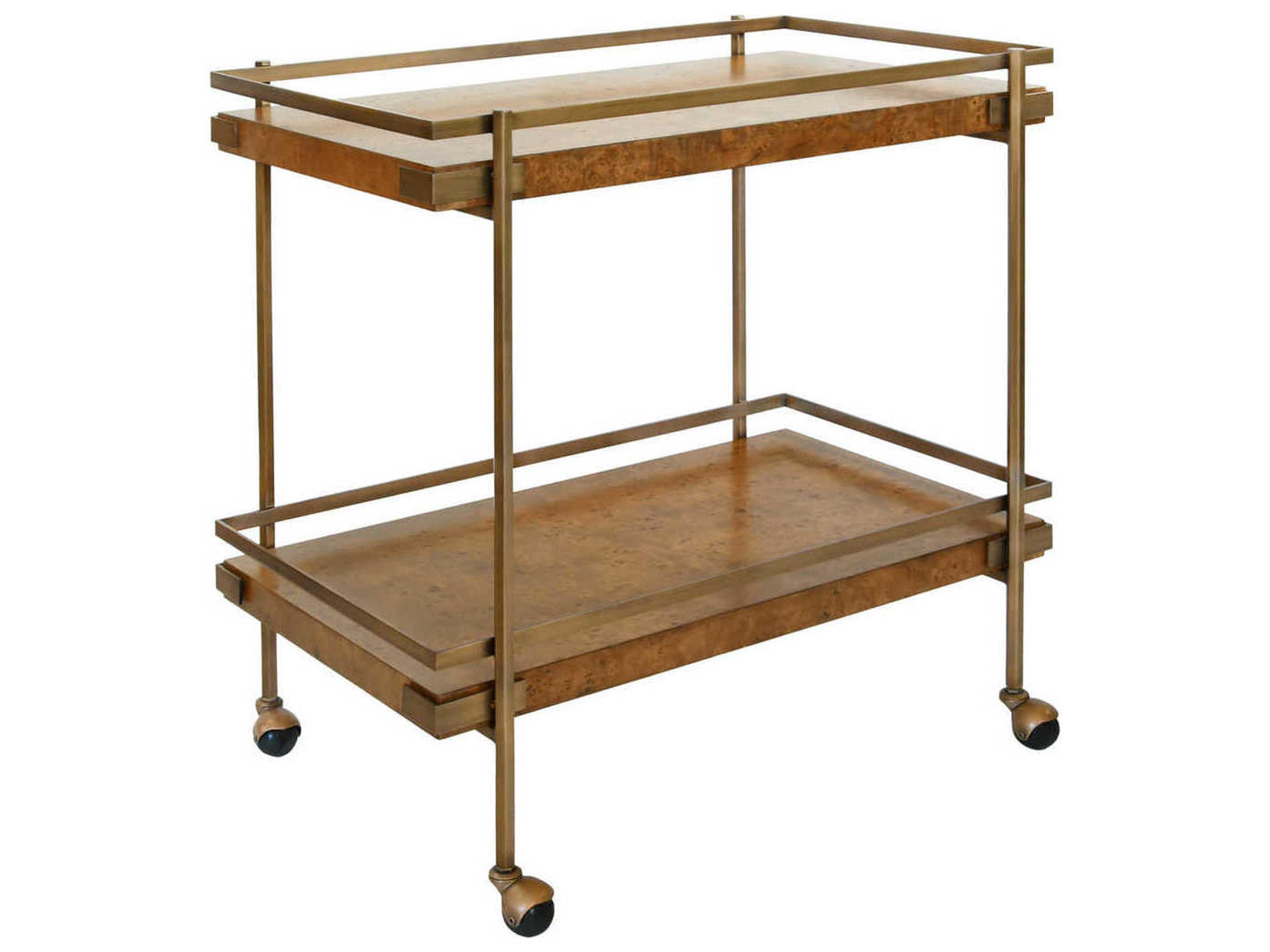 Brown Dark Burl Wood Antique Brass Bar Cart