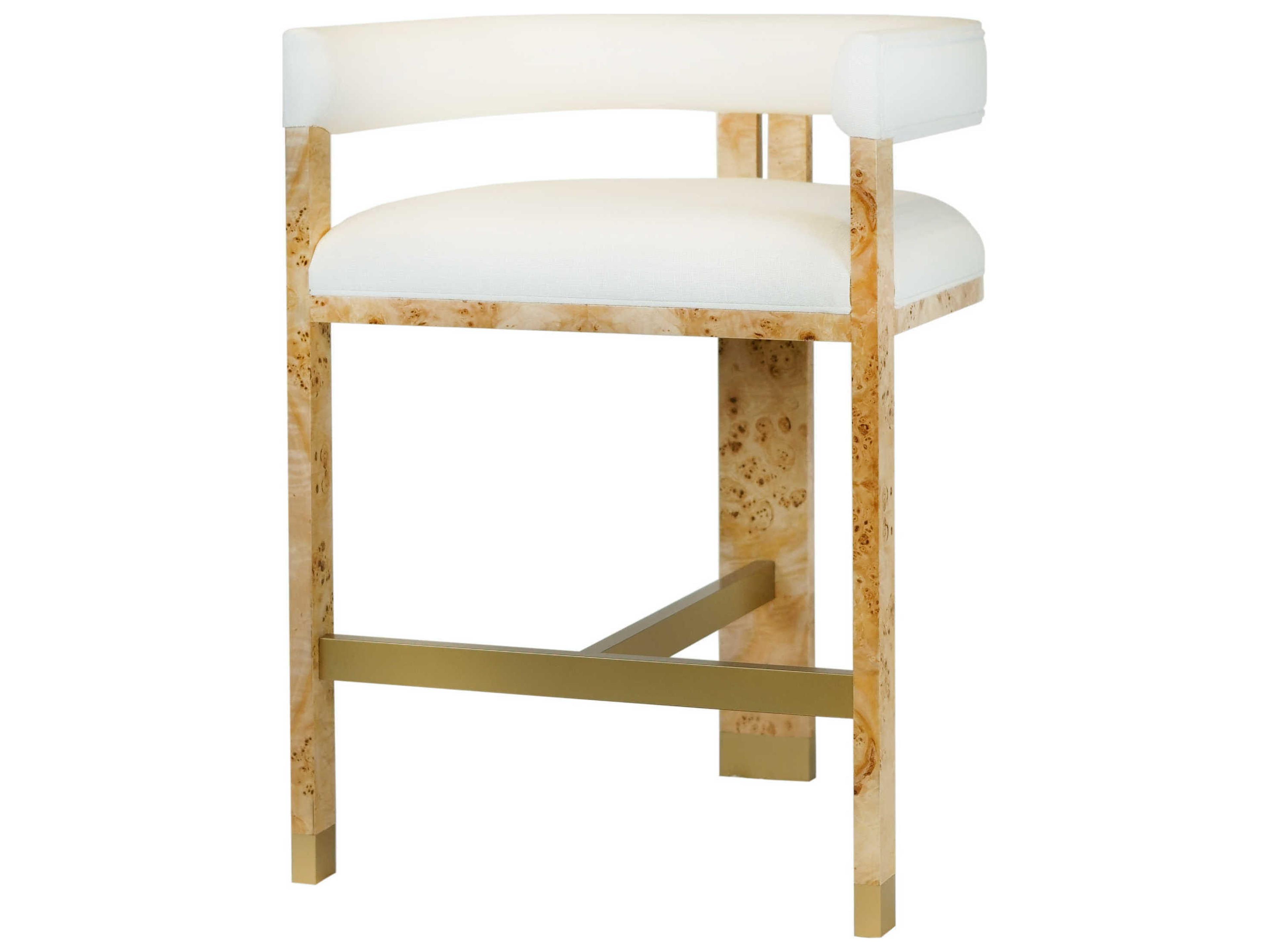 Worlds Away Upholstered Matte Burl Wood White Linen Counter Stool