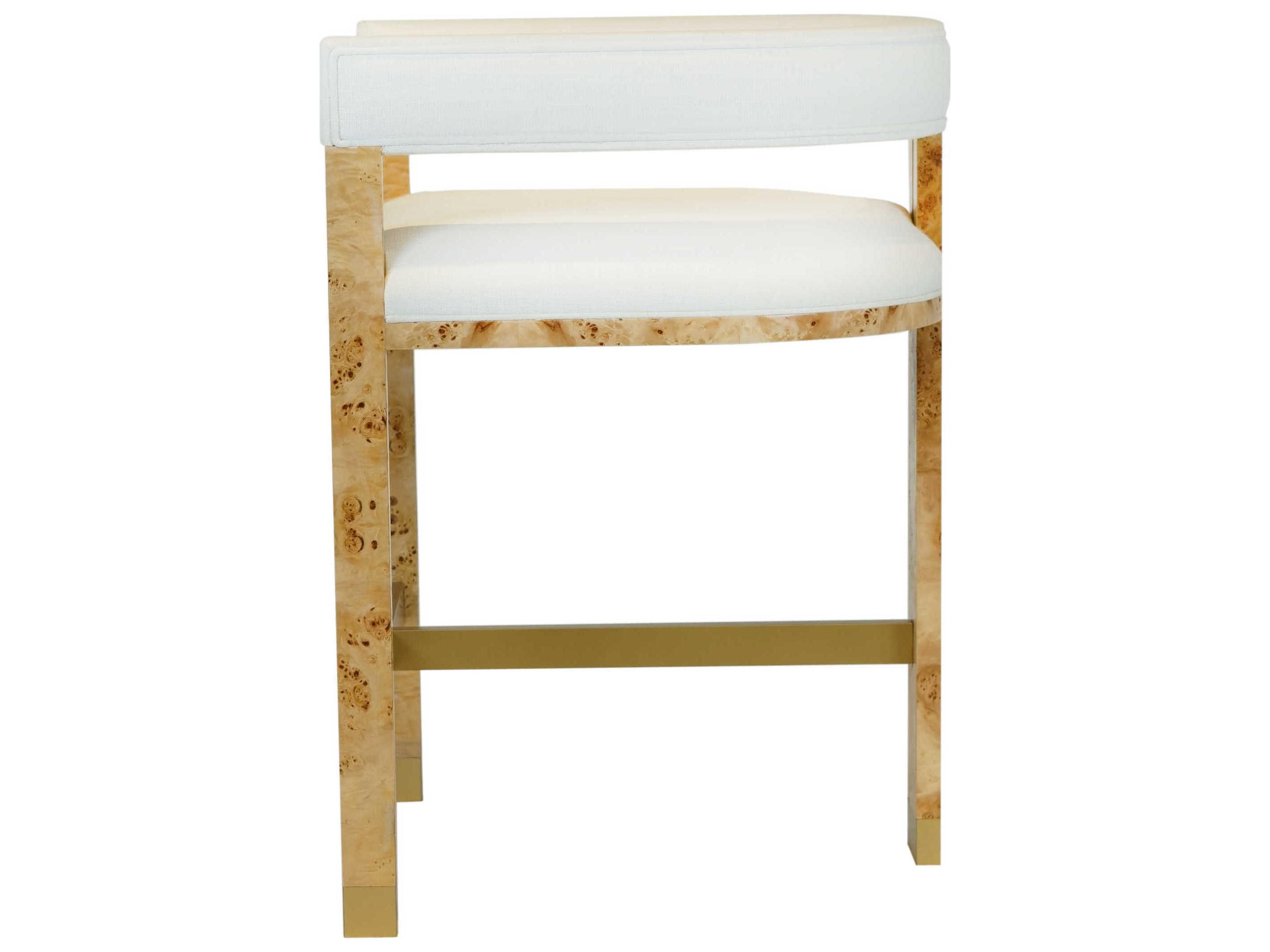 Worlds Away Upholstered Matte Burl Wood White Linen Counter Stool