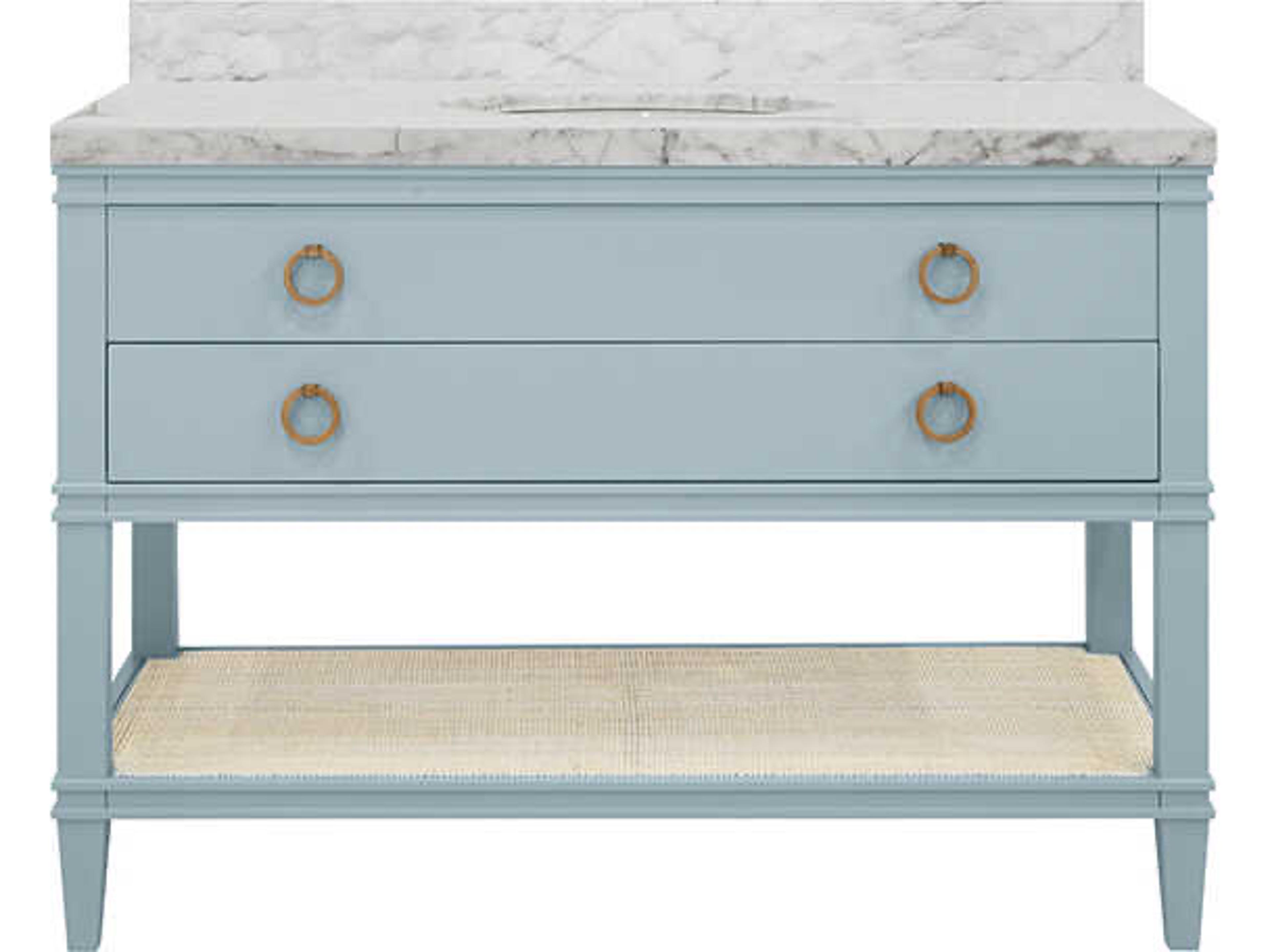 Worlds Away Cutler Blue Vanity With White Marble Top and Porcelain Sink