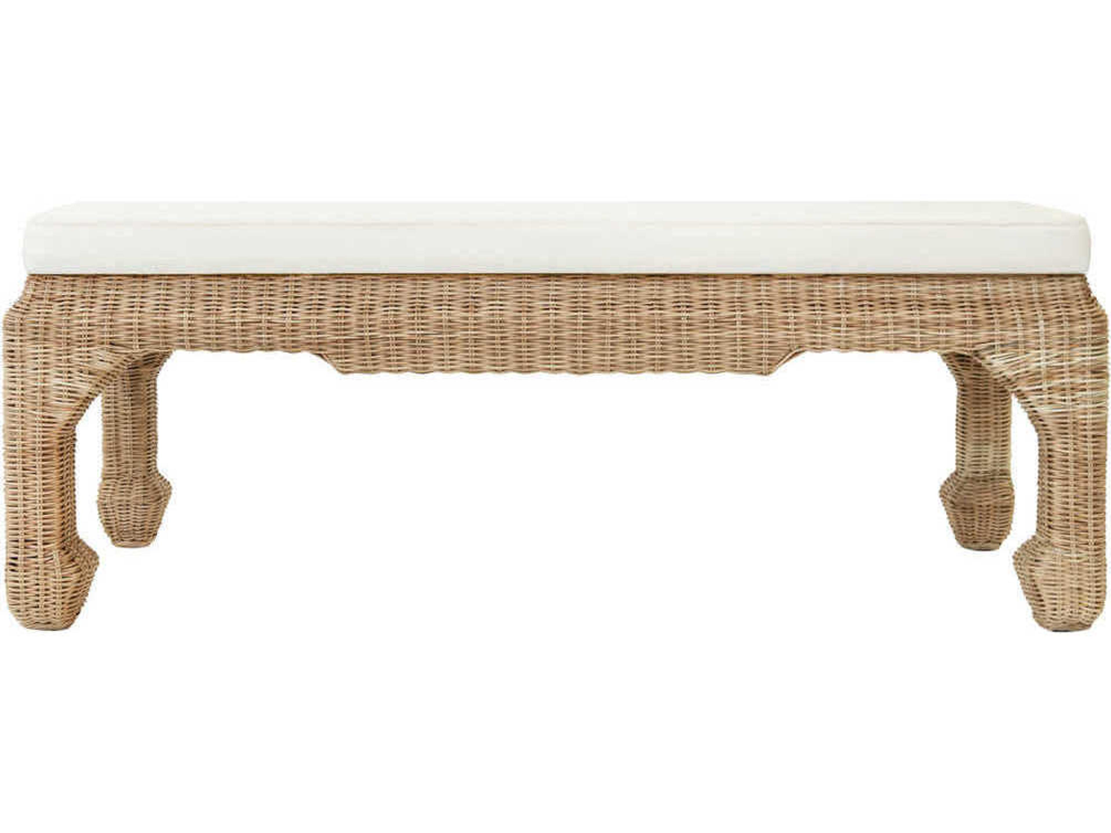 Worlds Away Ivory Linen Natural Rattan White Upholstered Accent Bench