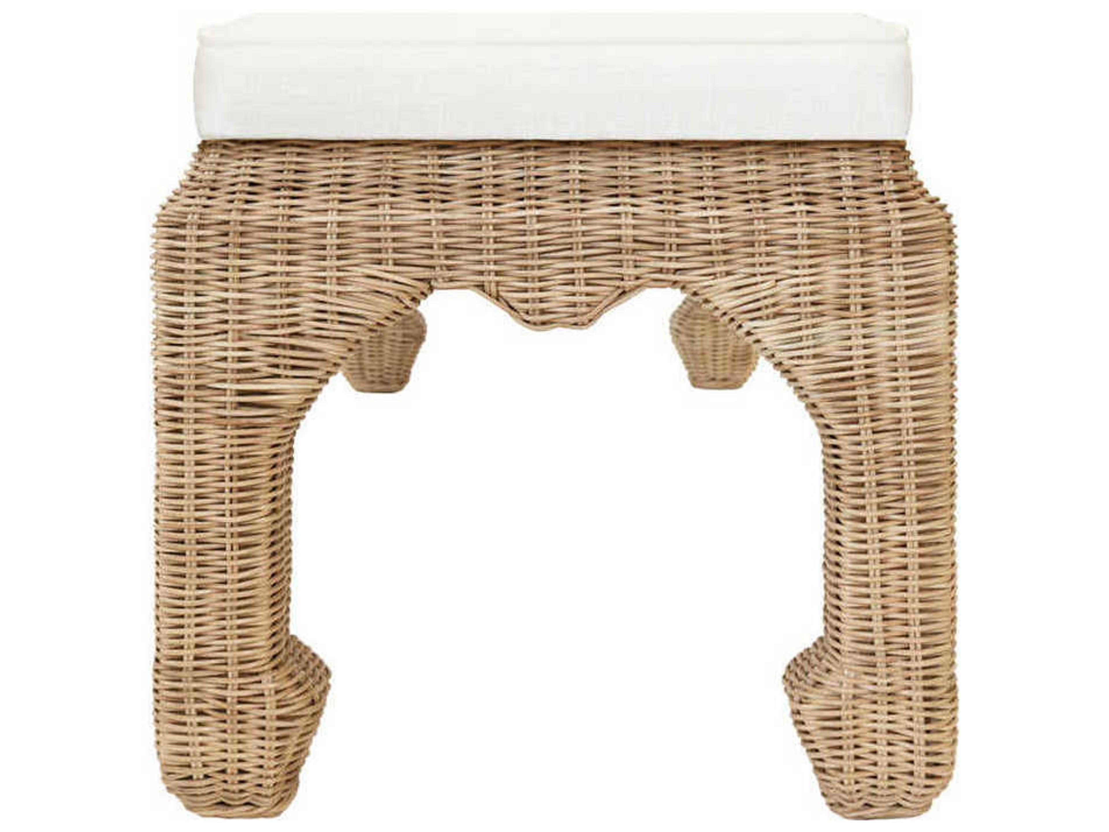 Worlds Away Ivory Linen Natural Rattan White Upholstered Accent Bench
