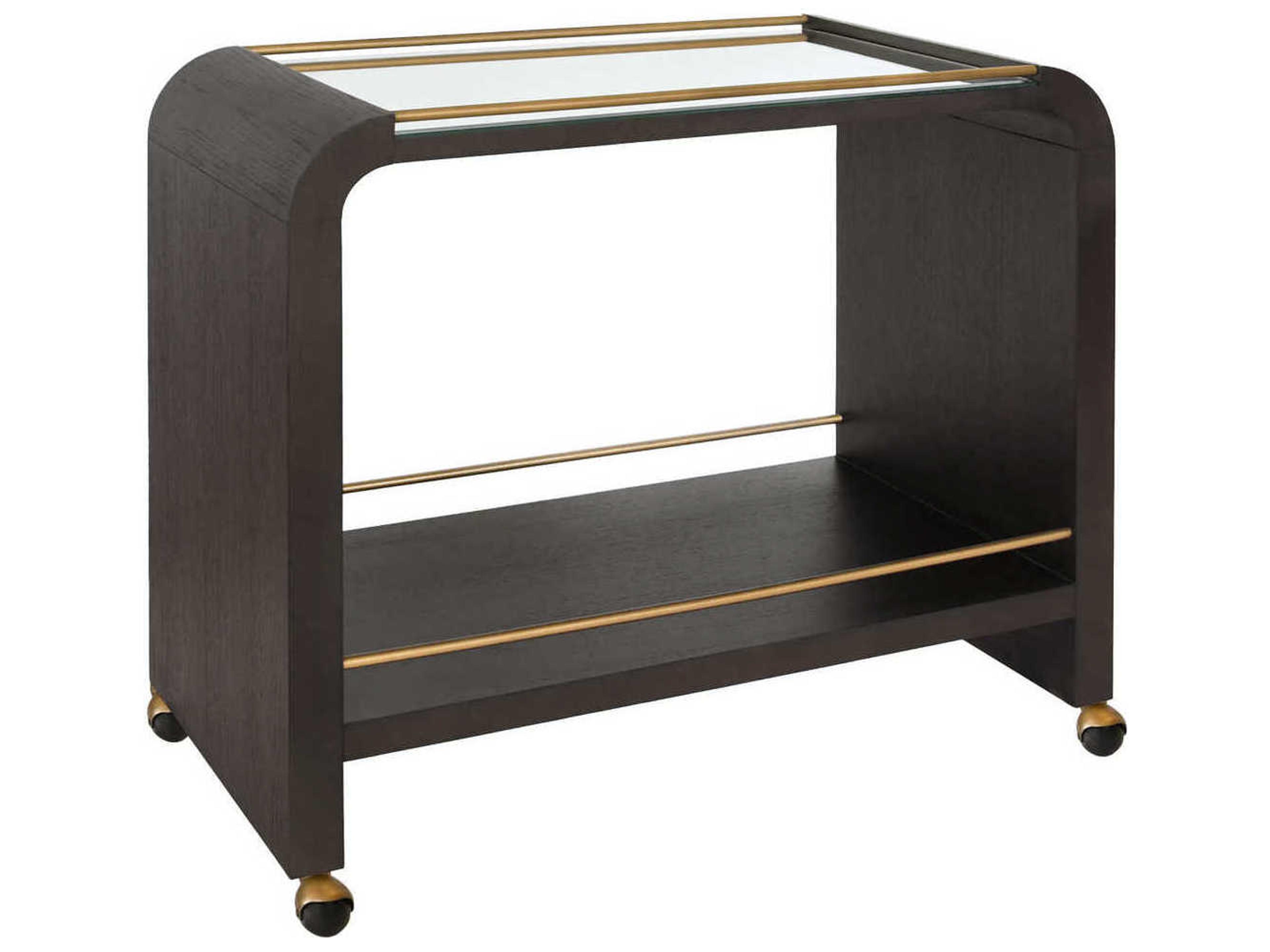 Glass Brown Espresso Oak Antique Brass Bar Cart