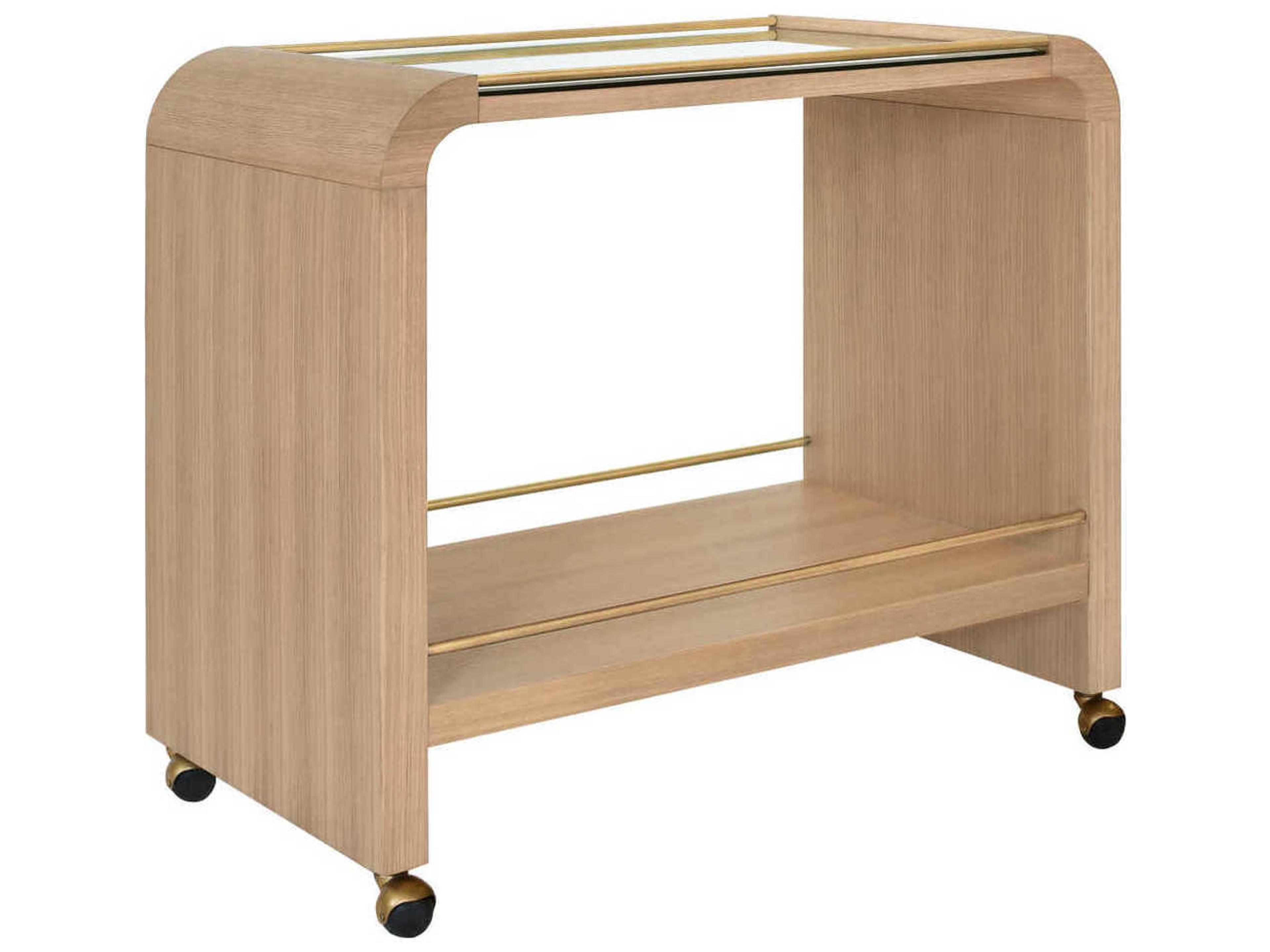 Glass Brown Natural Oak Antique Brass Bar Cart