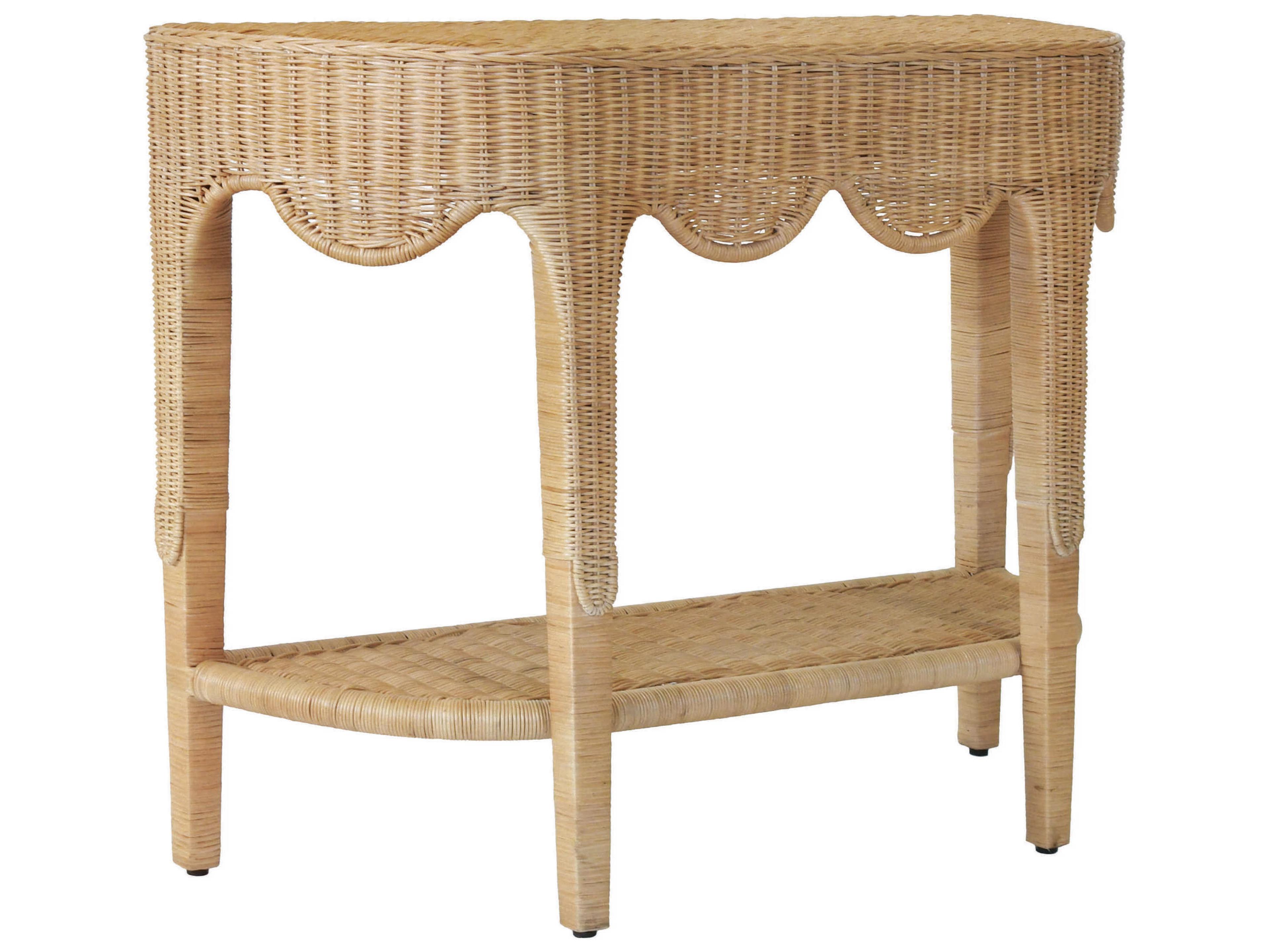 Scalloped Top Demilune Rattan Natural Console Table