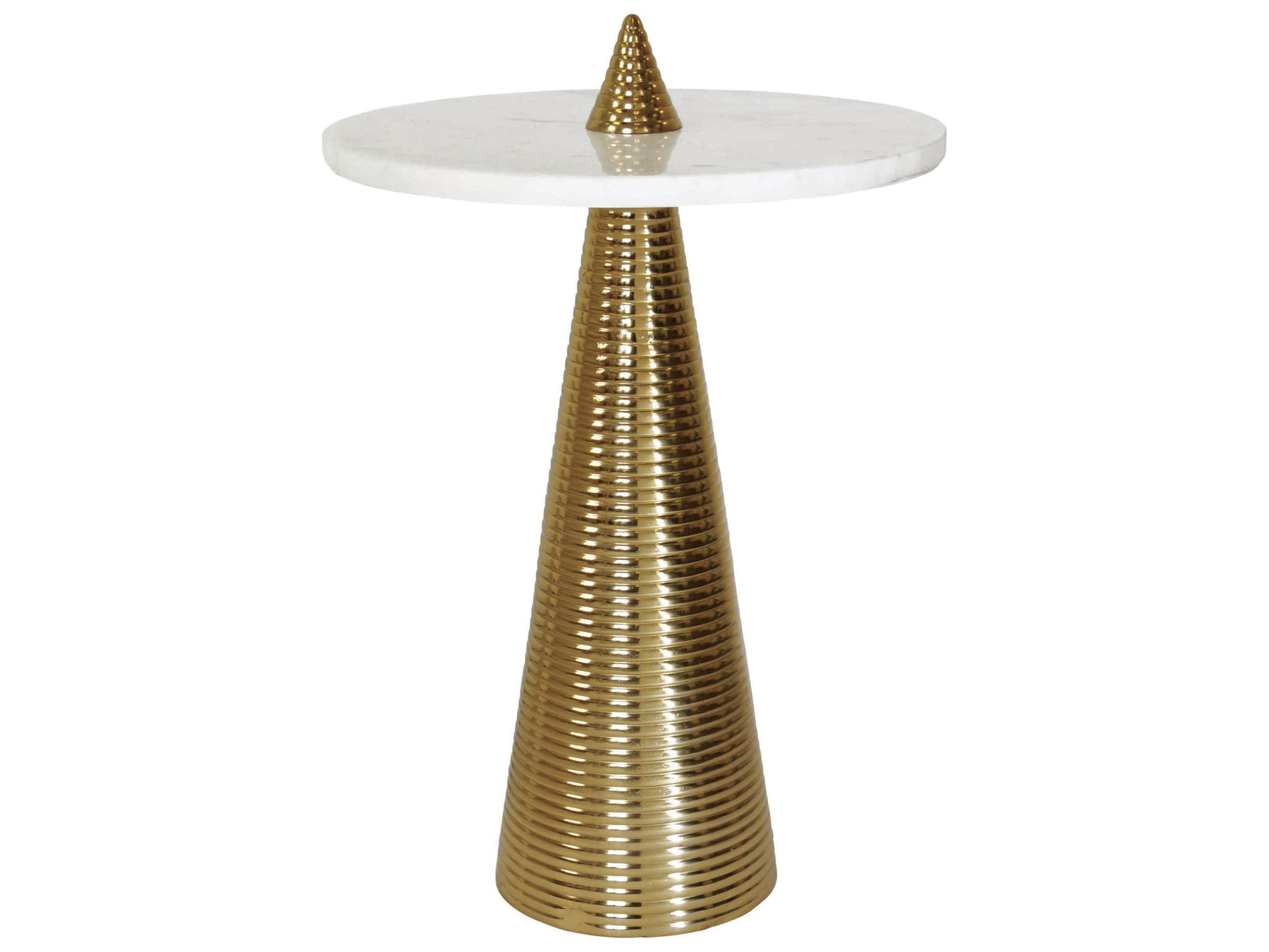 Conical Coiled Round Marble Brass White End Table