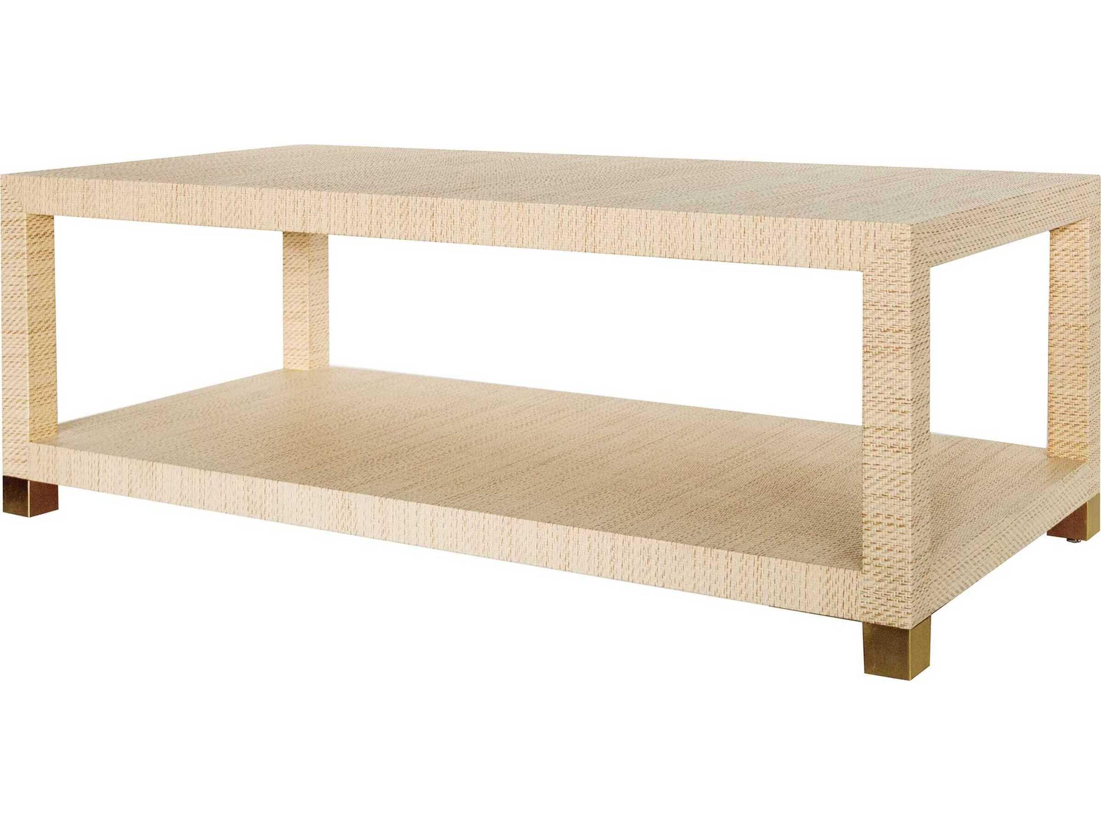 Rectangular Fabric Natural Grasscloth Antique Brass Coffee Table