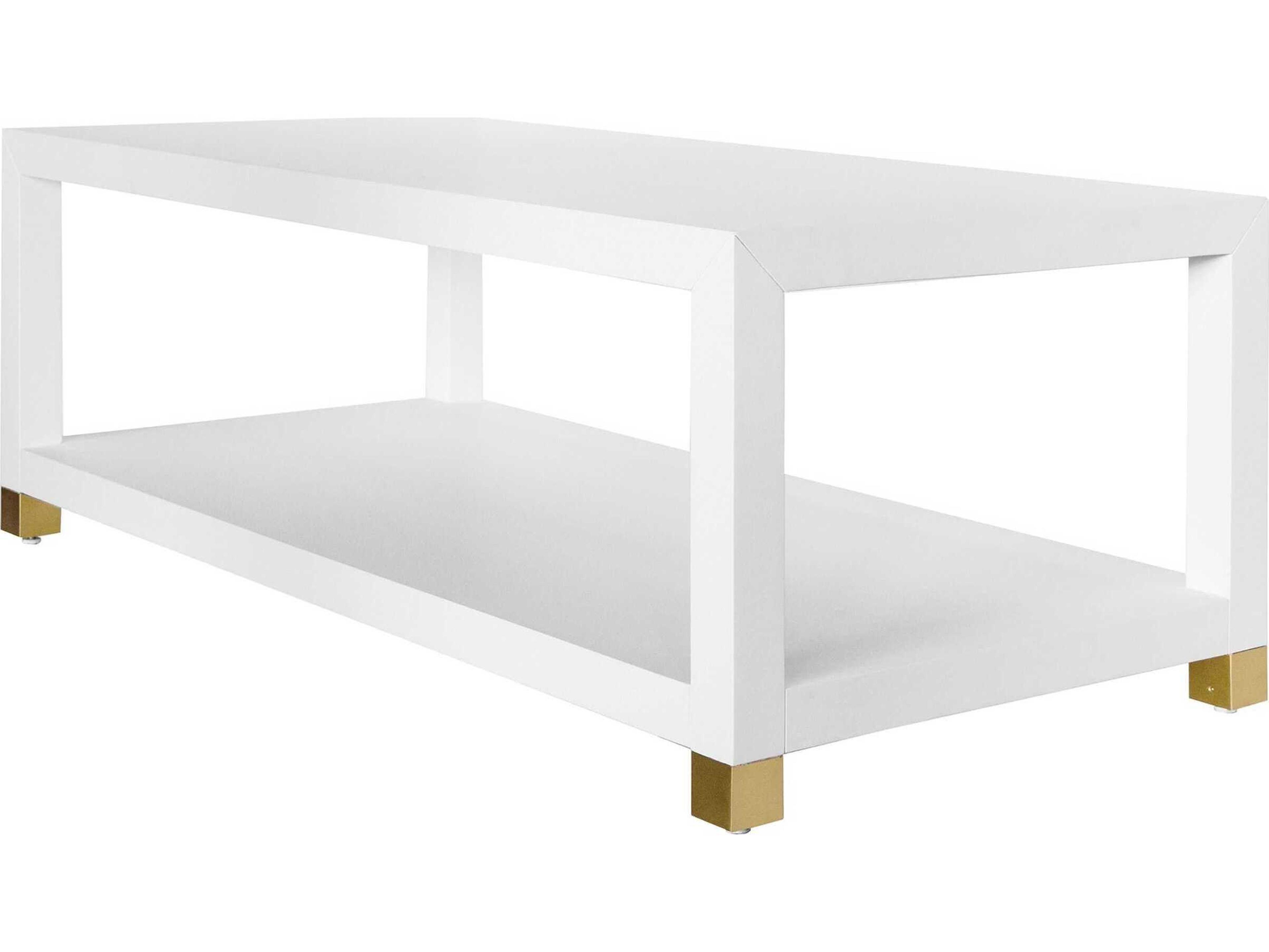 Worlds Away Rectangular Wood Matte White Lacquer Antique Brass Coffee Table