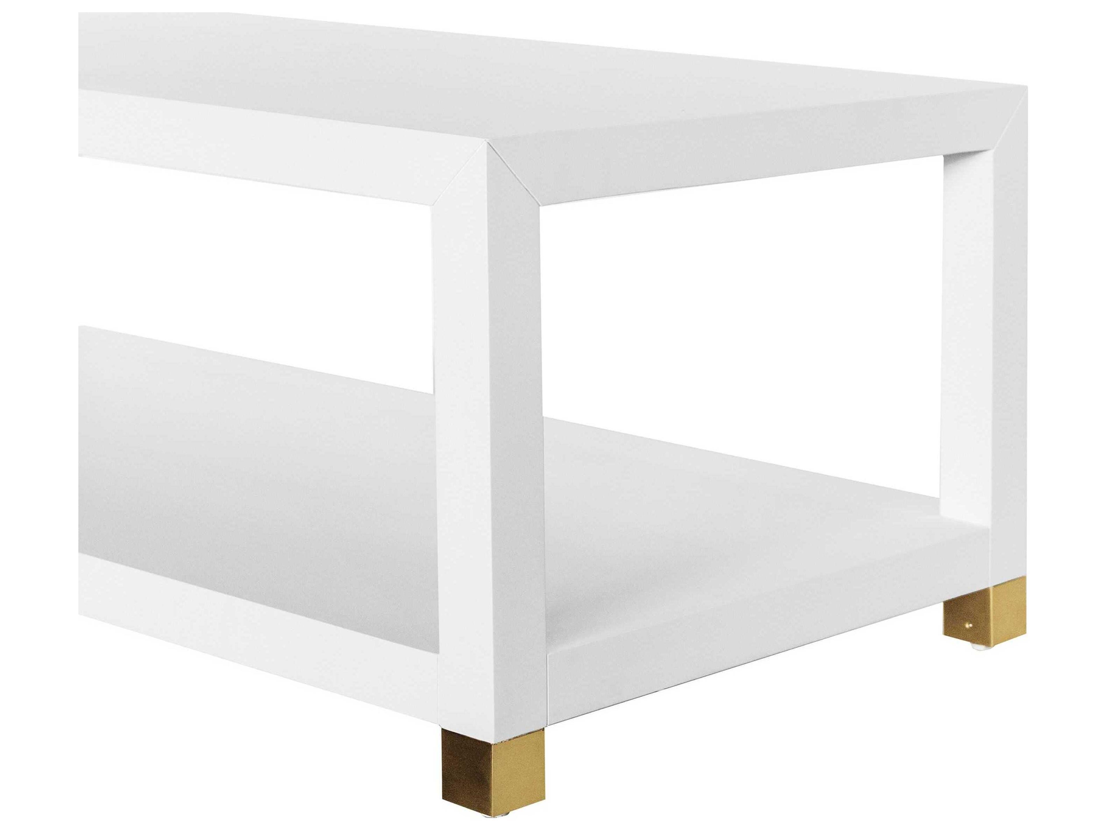 Worlds Away Rectangular Wood Matte White Lacquer Antique Brass Coffee Table