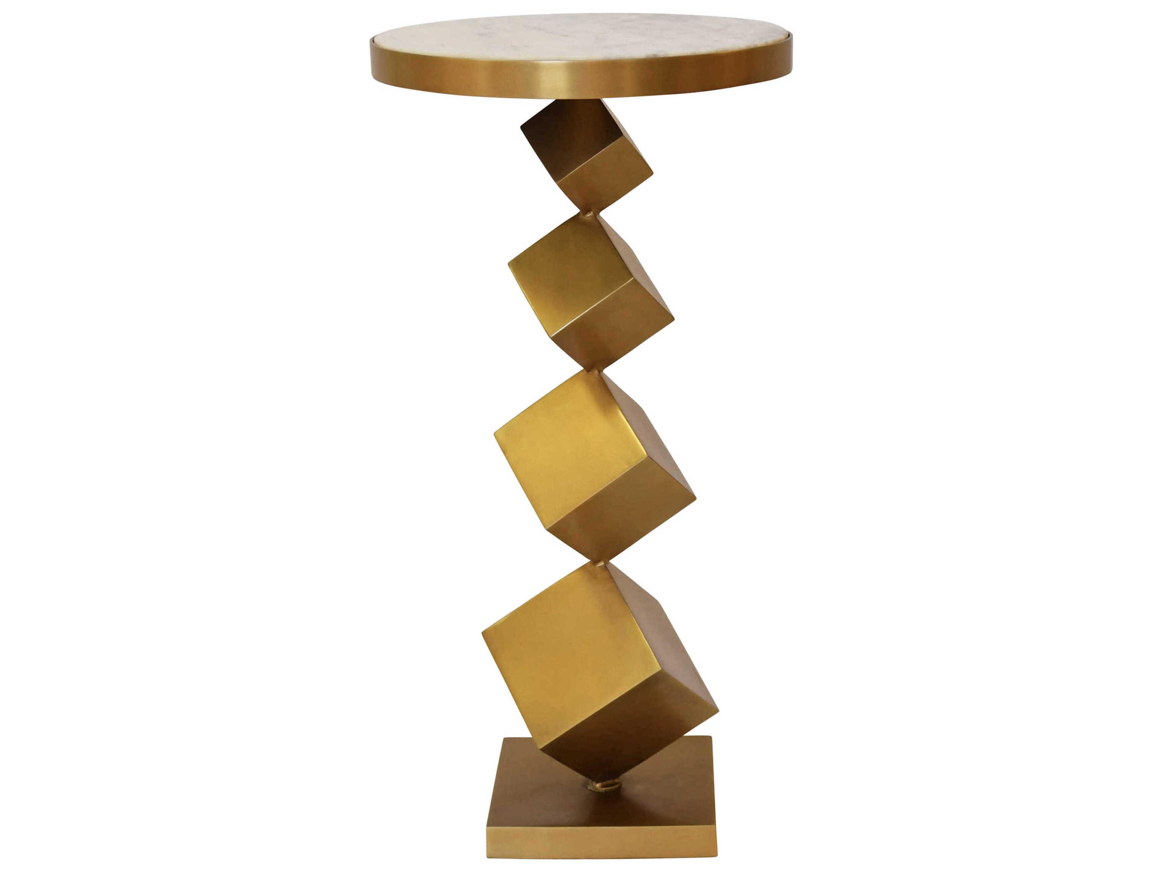 Worlds Away Stacked Cube Round Marble Antique Brass White End Table