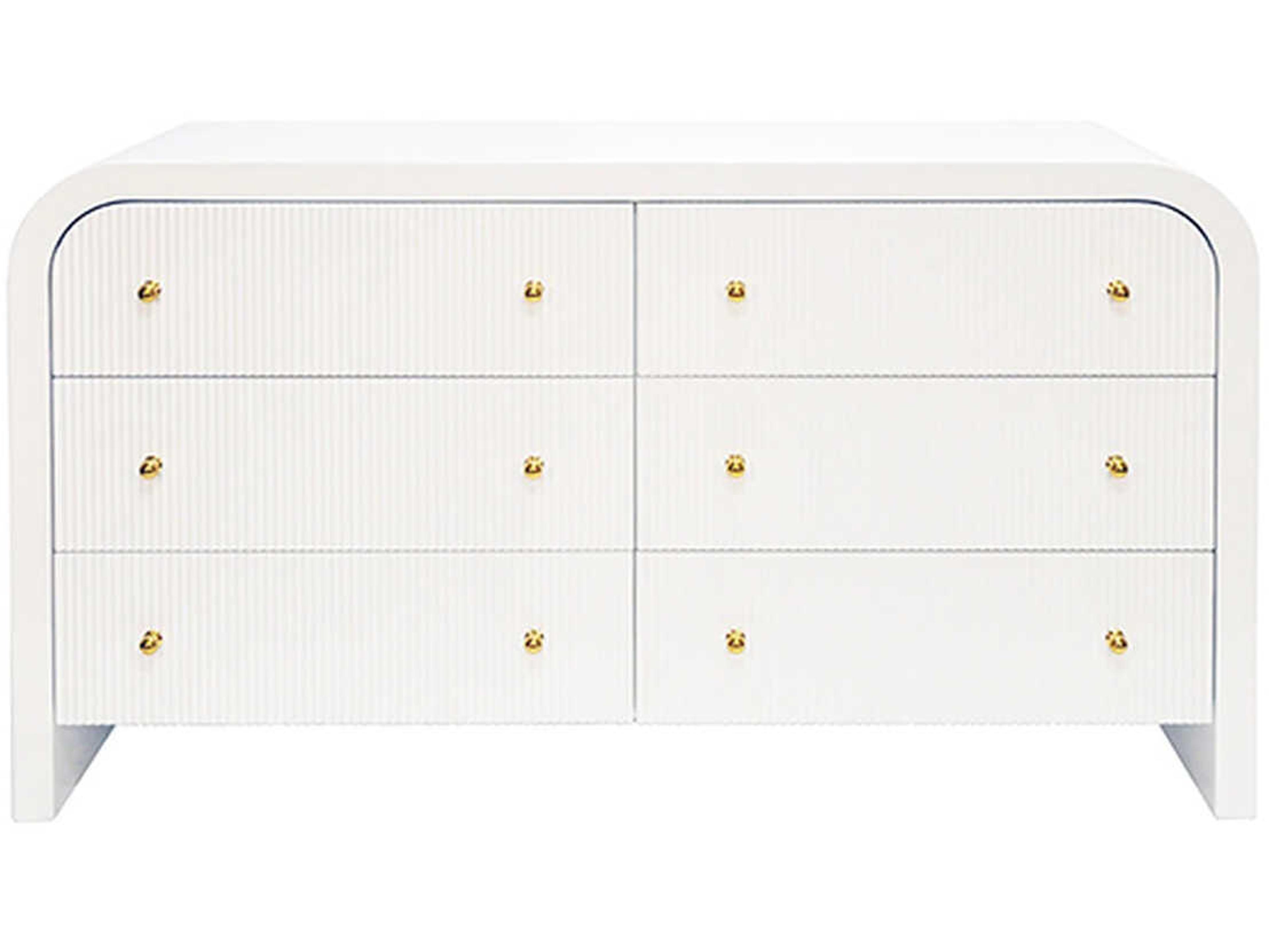 Valentina 6-Drawer Dresser in Glossy White Lacquer with Brass Hardware