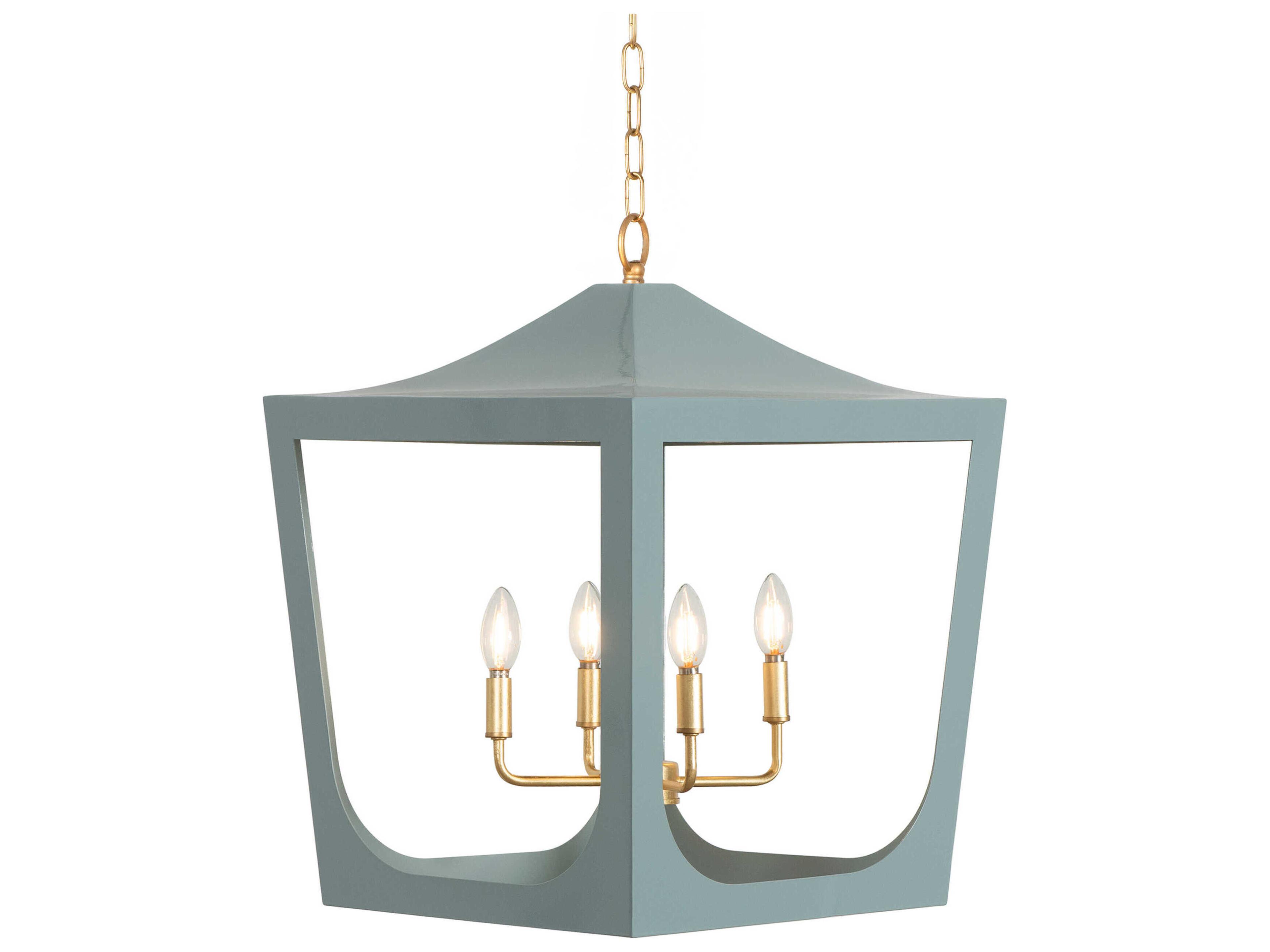 Worlds Away 4-Light Light Blue Powder Coat Gold Leaf Candelabra Lantern Chandelier