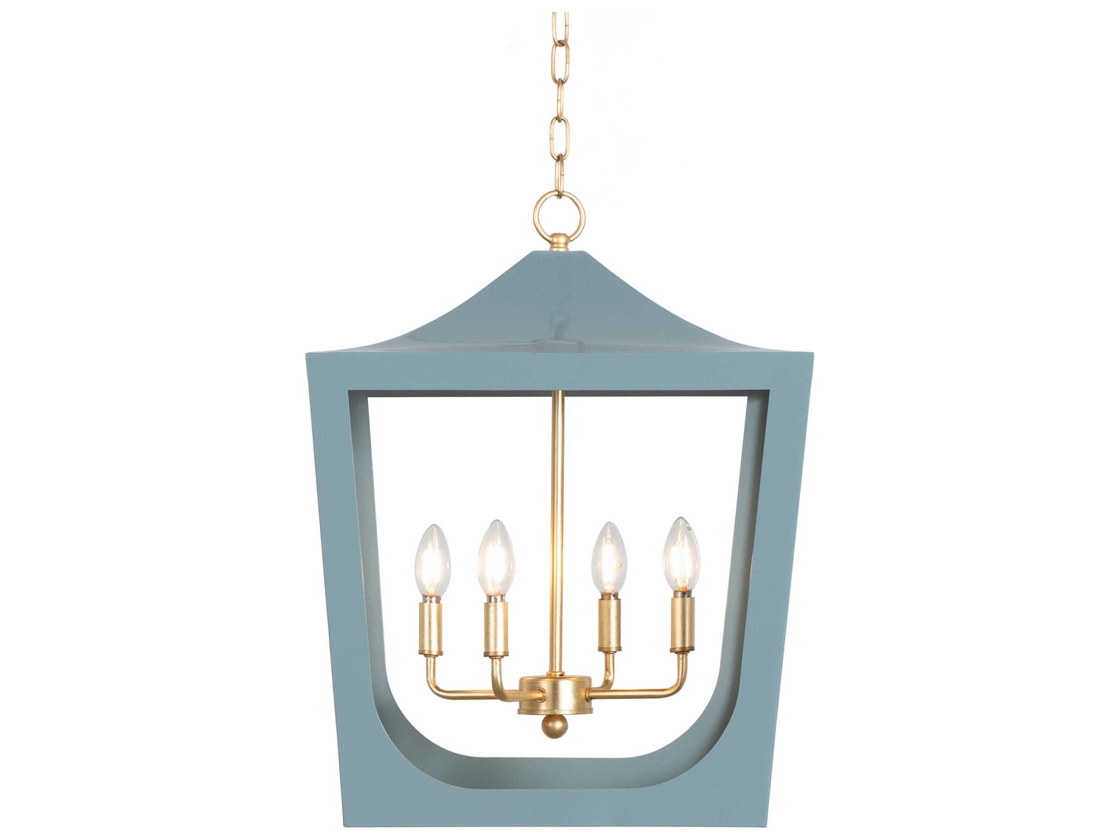 Worlds Away 4-Light Light Blue Powder Coat Gold Leaf Candelabra Lantern Chandelier