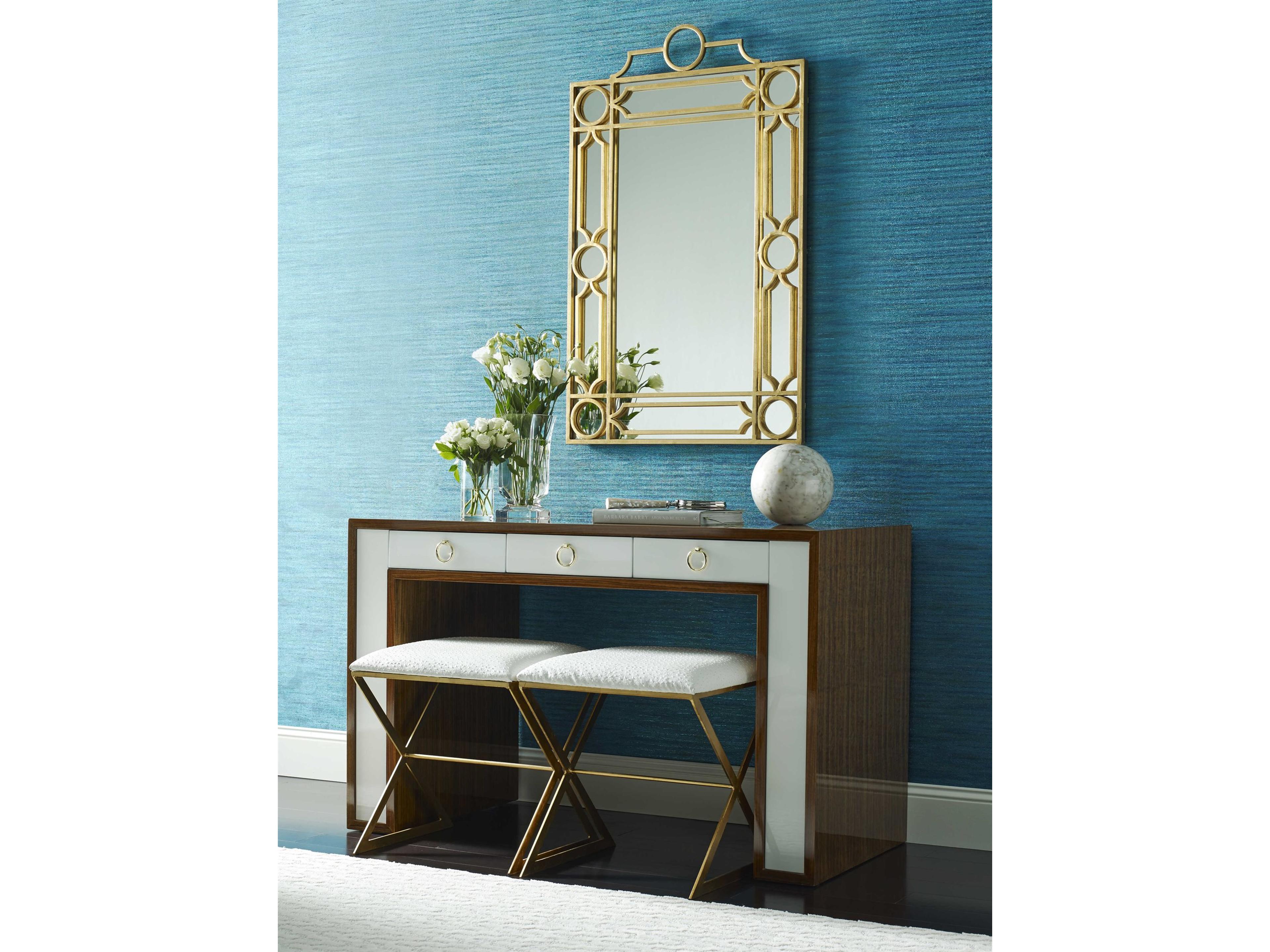 Worlds Away Gold Leather White Accent Stool