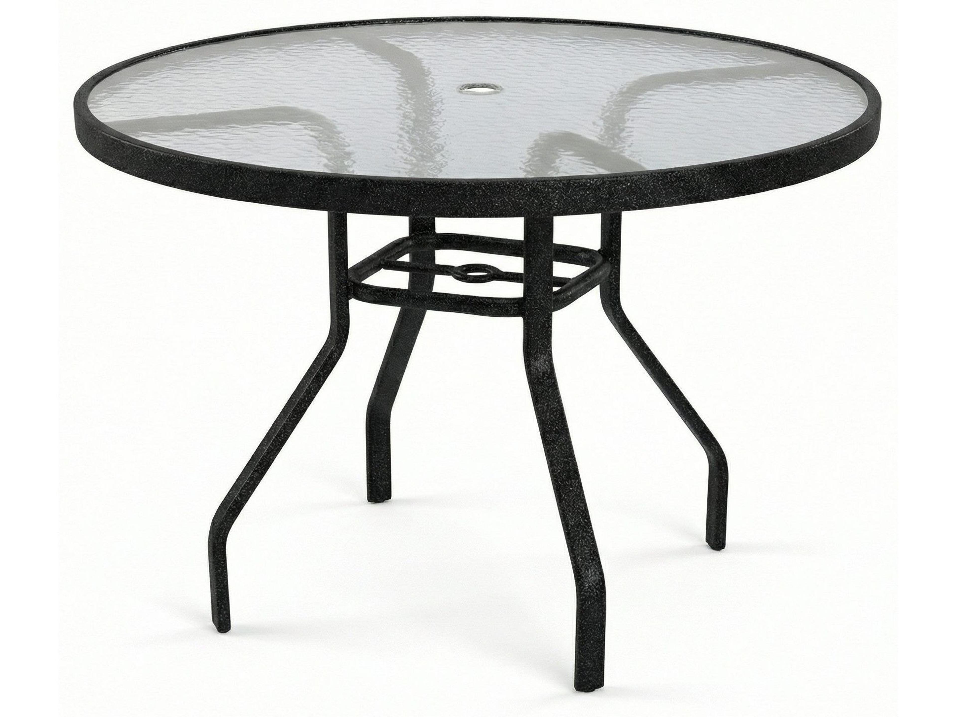 Windward Design Group Glass Top Aluminum Round Outdoor Patio Dining Table with Umbrella Hole