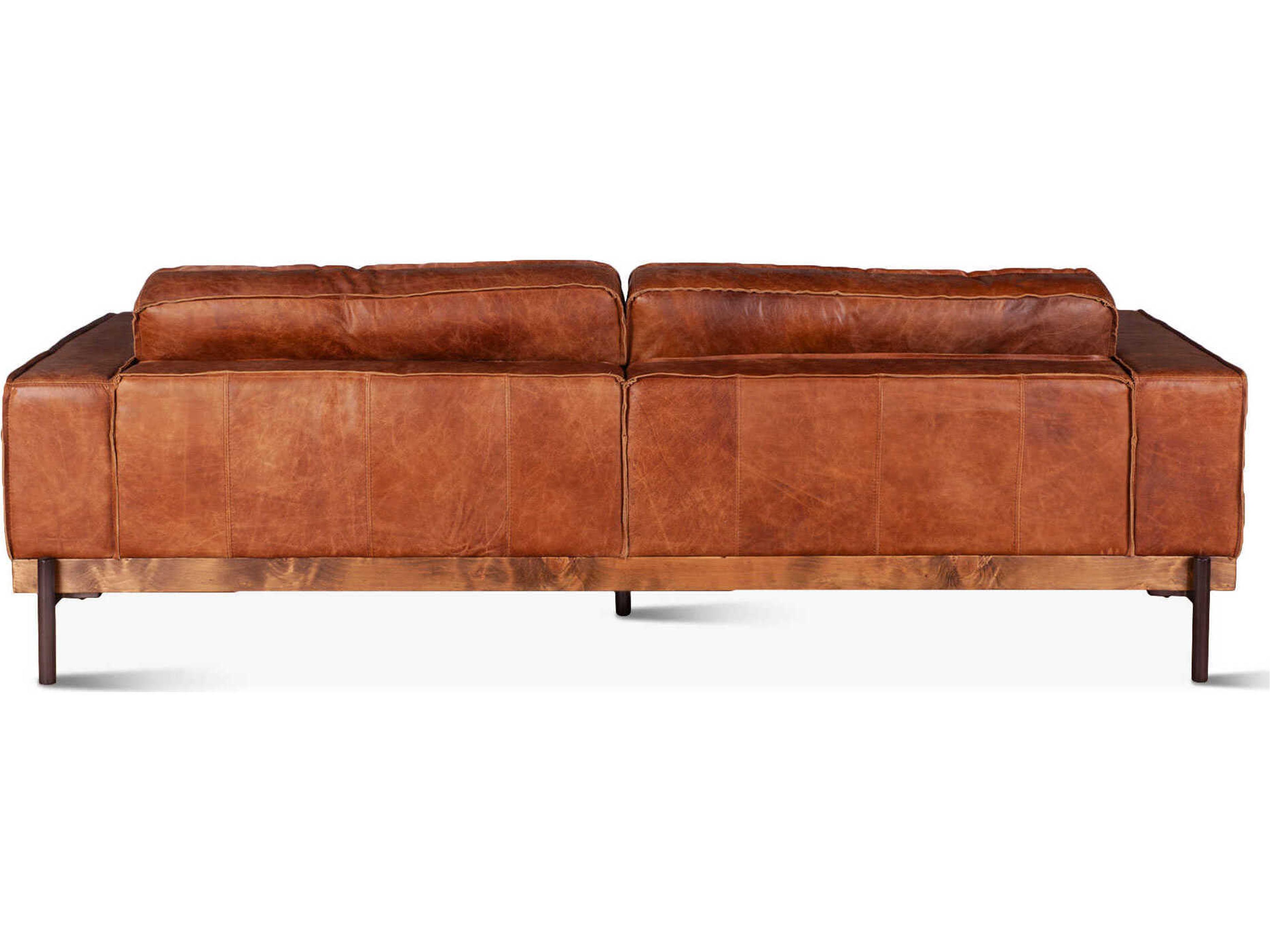 World Interiors Chiavari Cognac Antique Zinc Oak Brown Leather Sofa