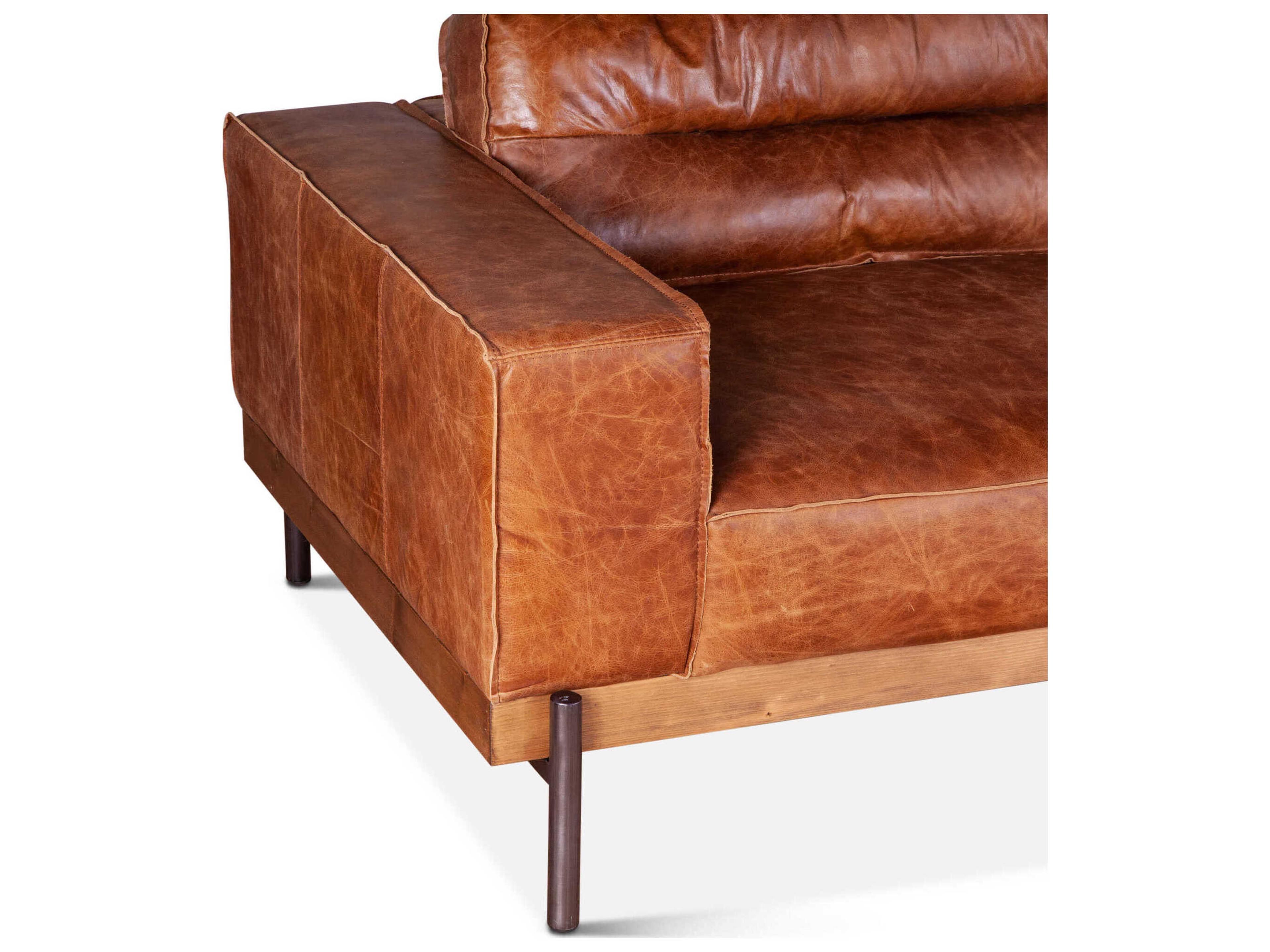 World Interiors Chiavari Cognac Antique Zinc Oak Brown Leather Sofa