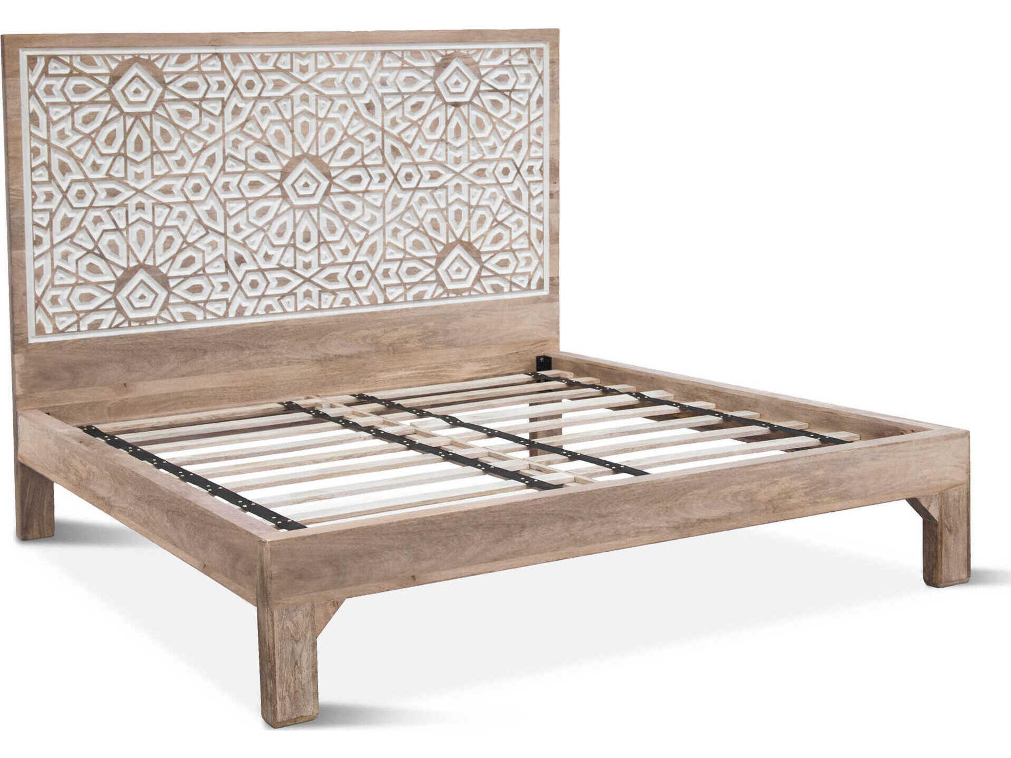 Haveli White Brown Mango Wood Queen Platform Bed