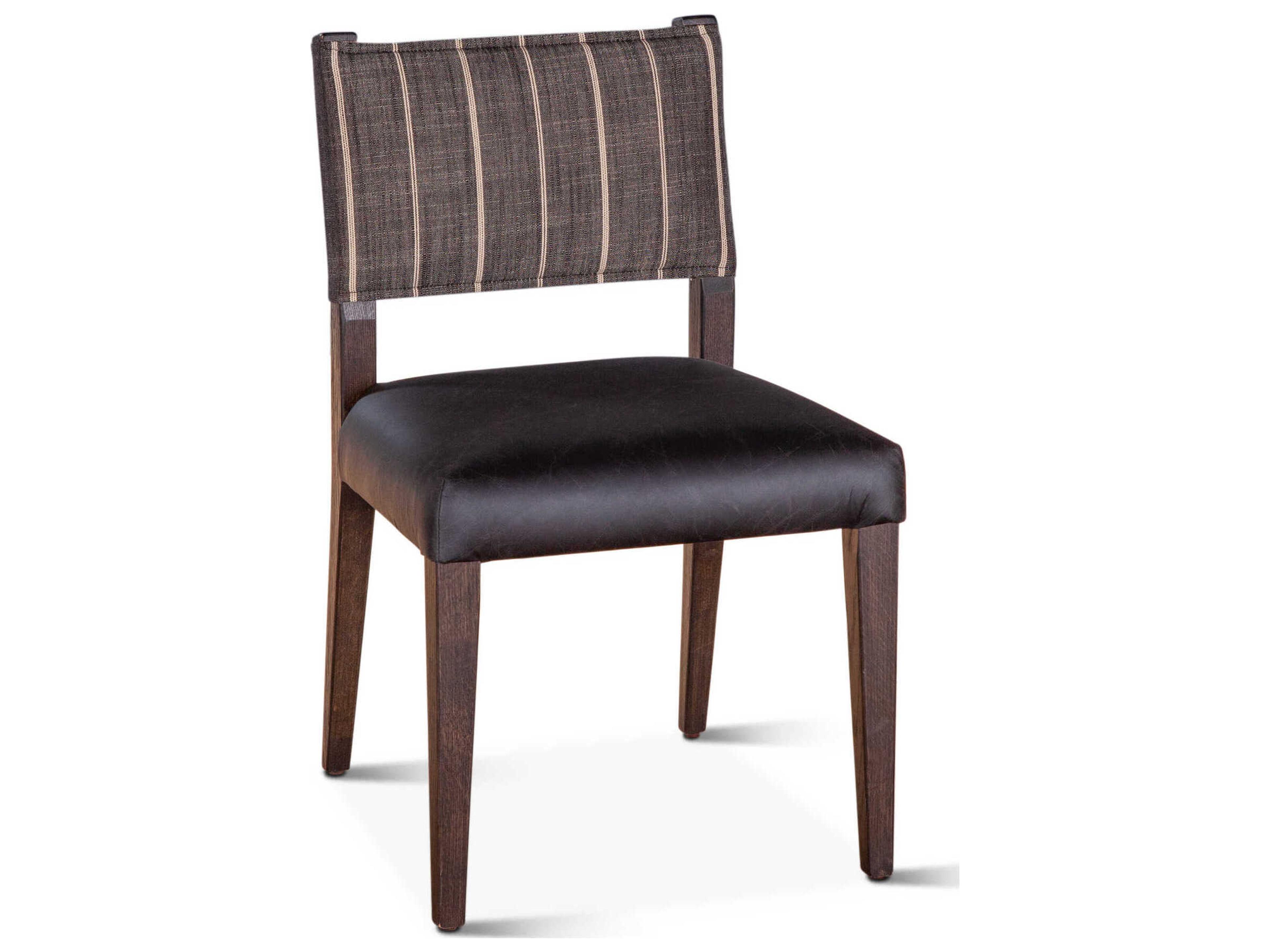 Lila Upholstered Dining Side Chair in Black Leather and Striped Linen