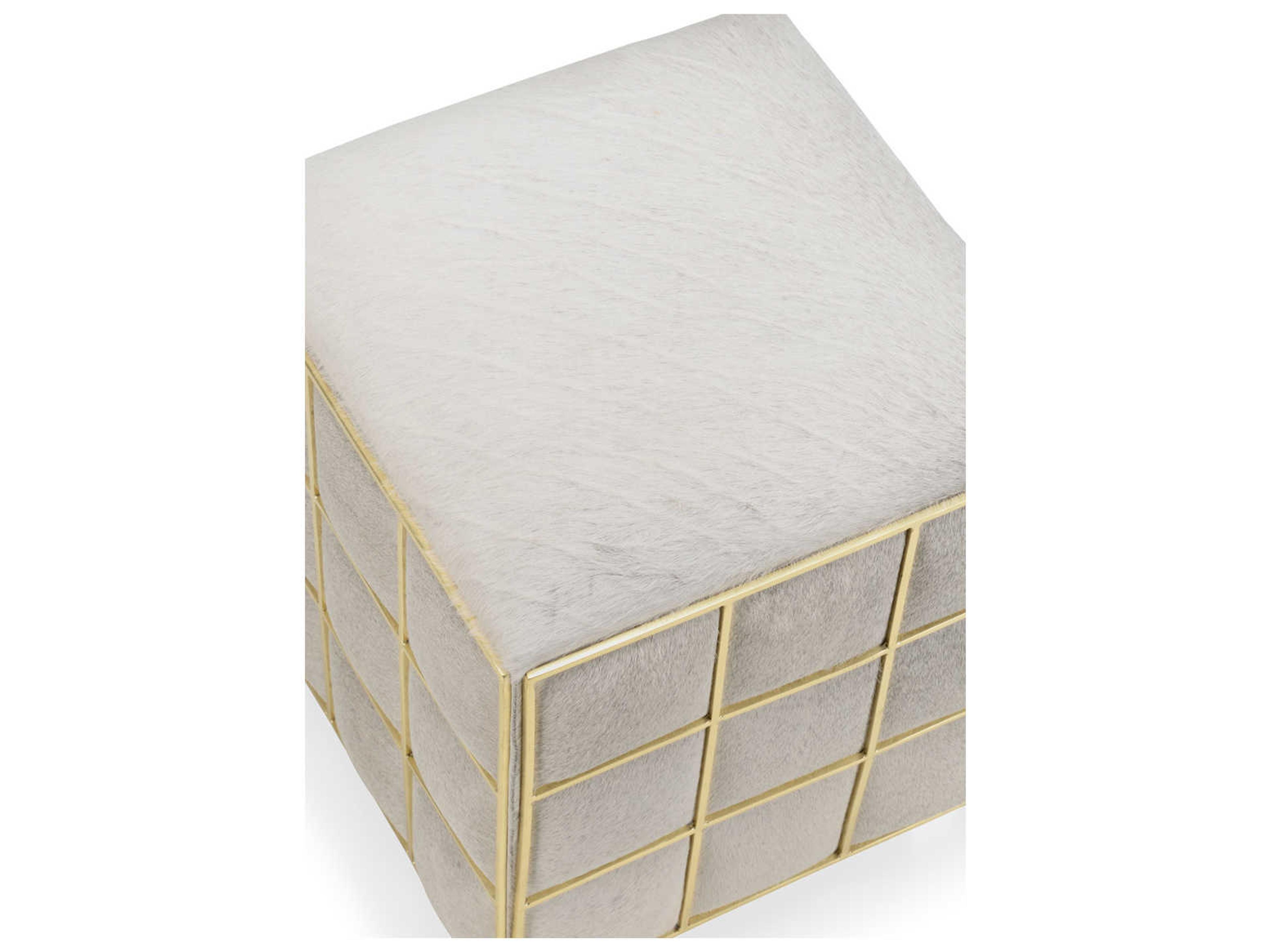 Wildwood Square Natural Light Gray Polished Brass Gold Upholstered Accent Stool