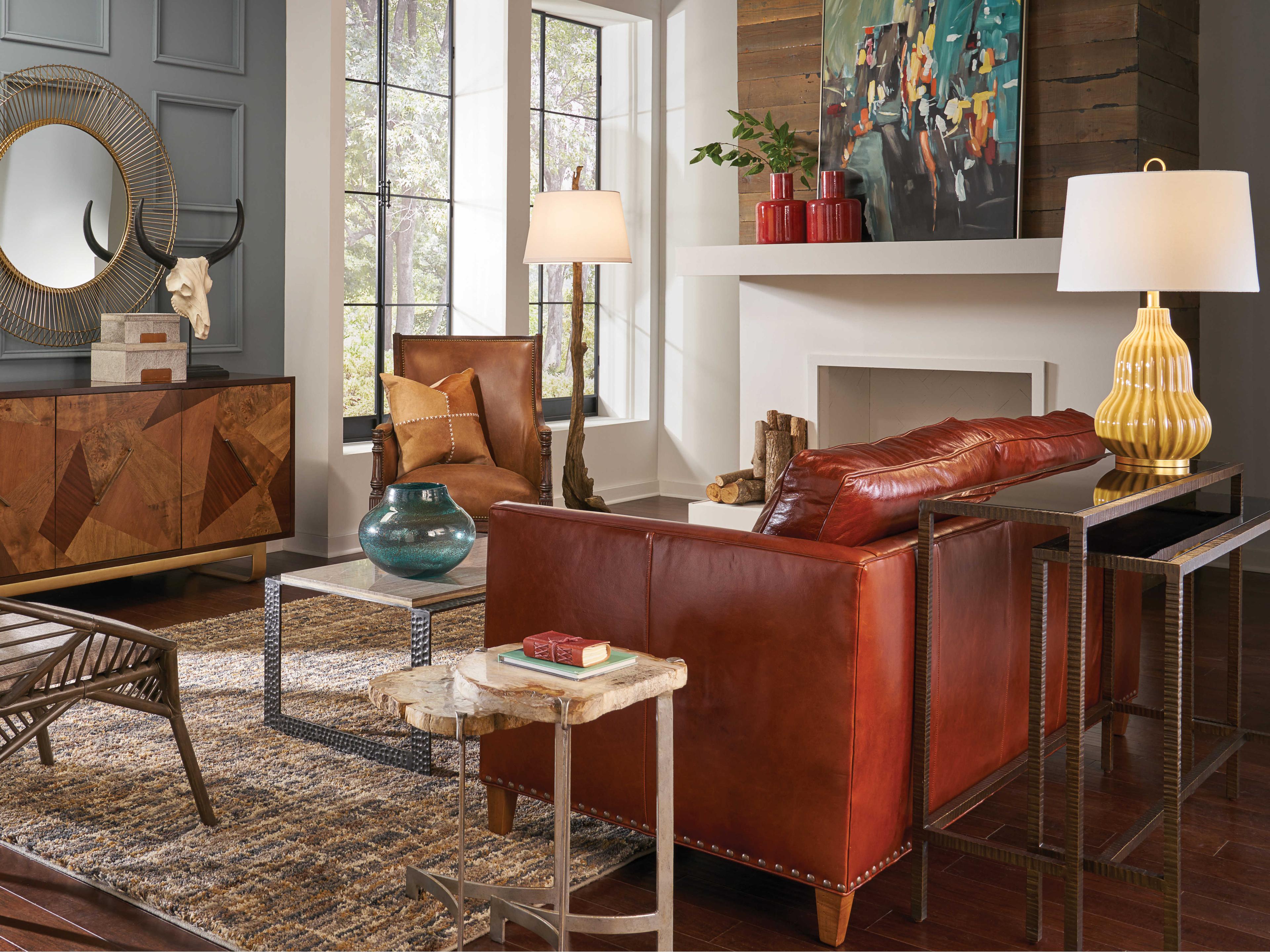 Wildwood Oliver Butterscotch Glaze Antique Gold Leaf Off White Linen Yellow Buffet Lamp