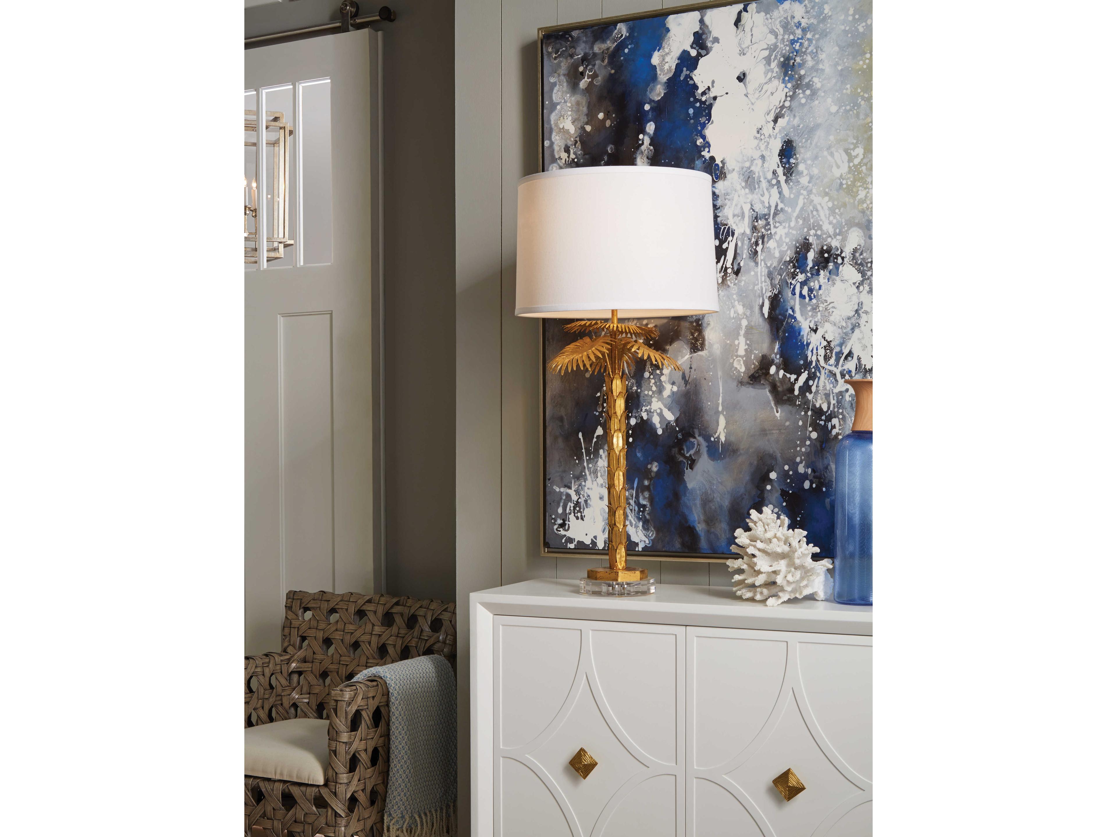 Wildwood Palm Island Antique Gold Leaf White Linen Buffet Lamp