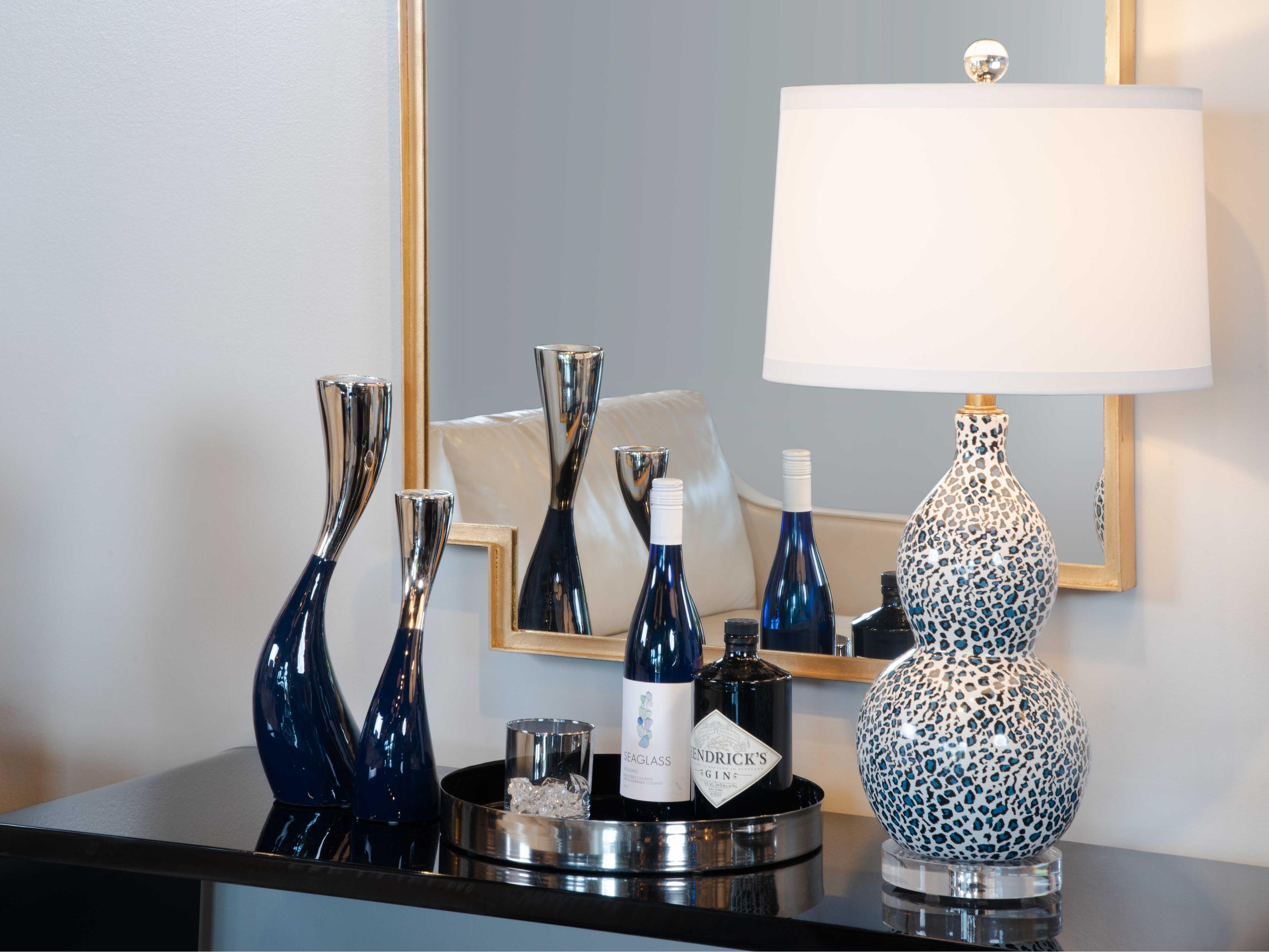 Wildwood Snow Leopard Black Teal White Off Silkette Clear Buffet Lamp