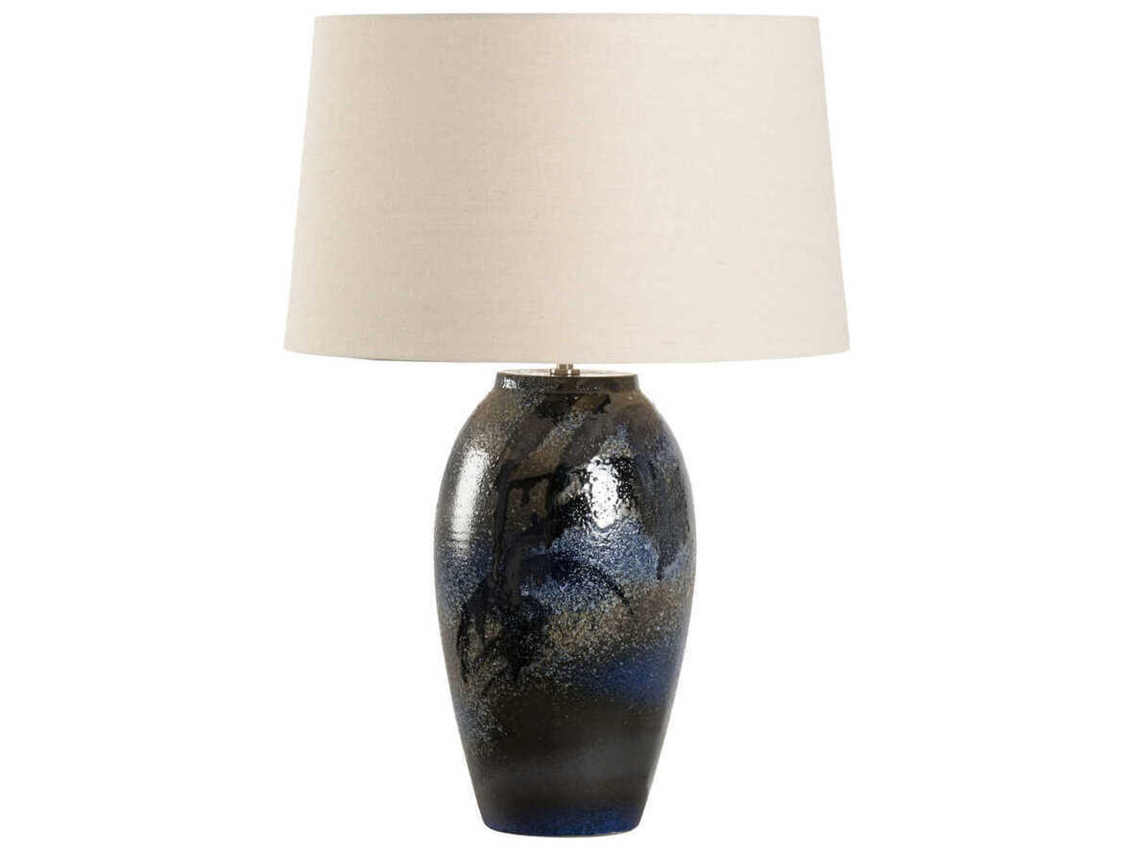 Shiga Hatsu Blue Tan Linen Buffet Lamp