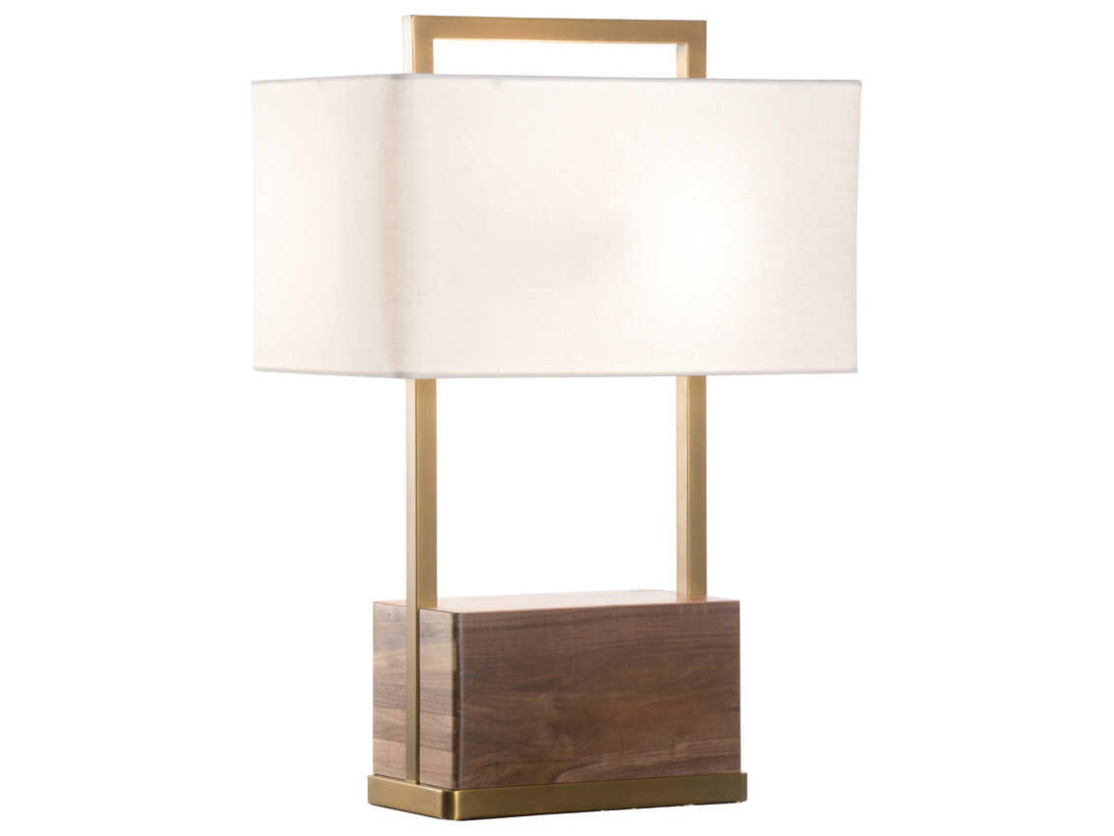 Hayes Walnut Antique Brass Off White Linen Buffet Lamp