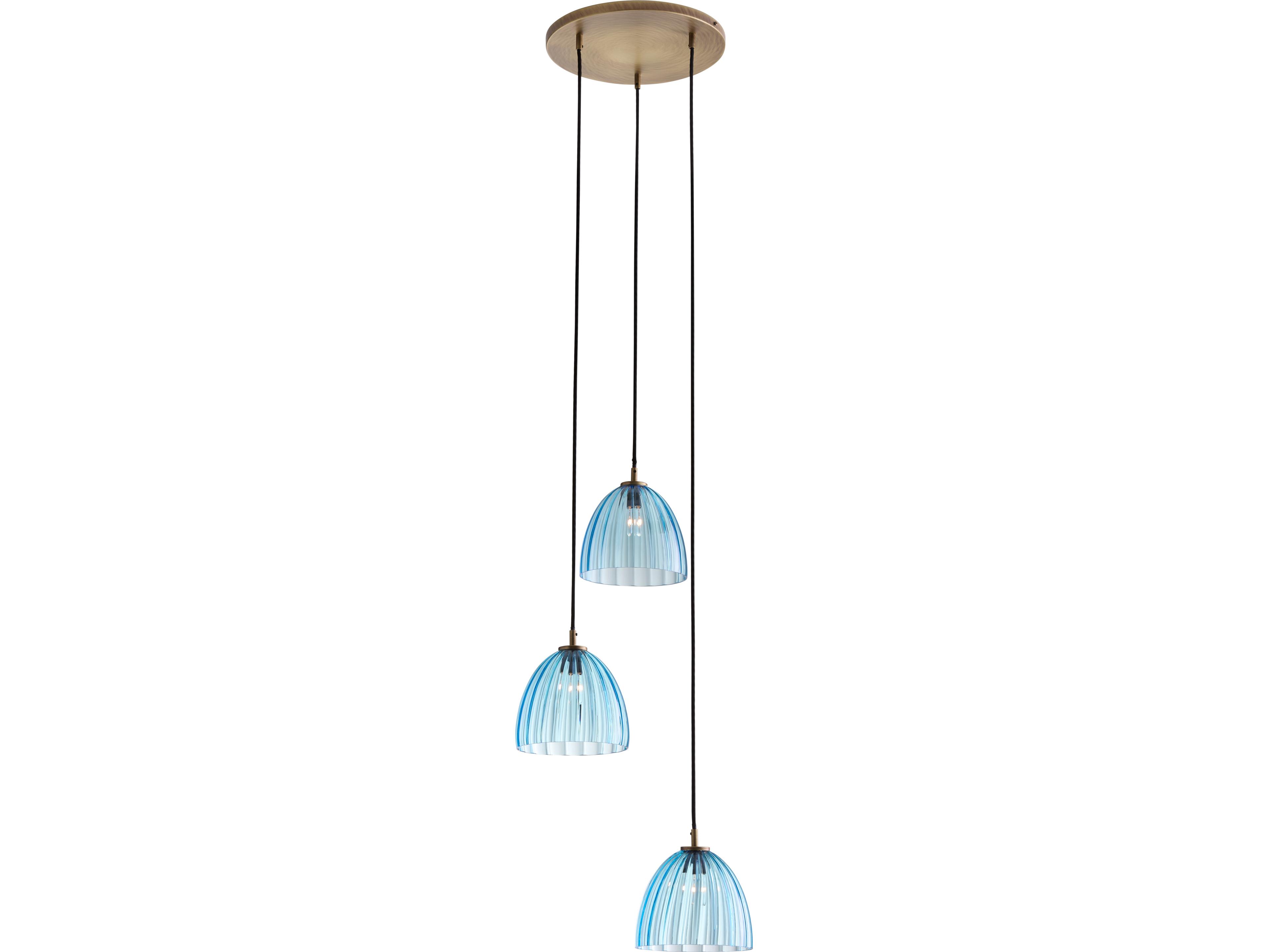 3-Light Aqua Antique Brass Blue Dome Pendant